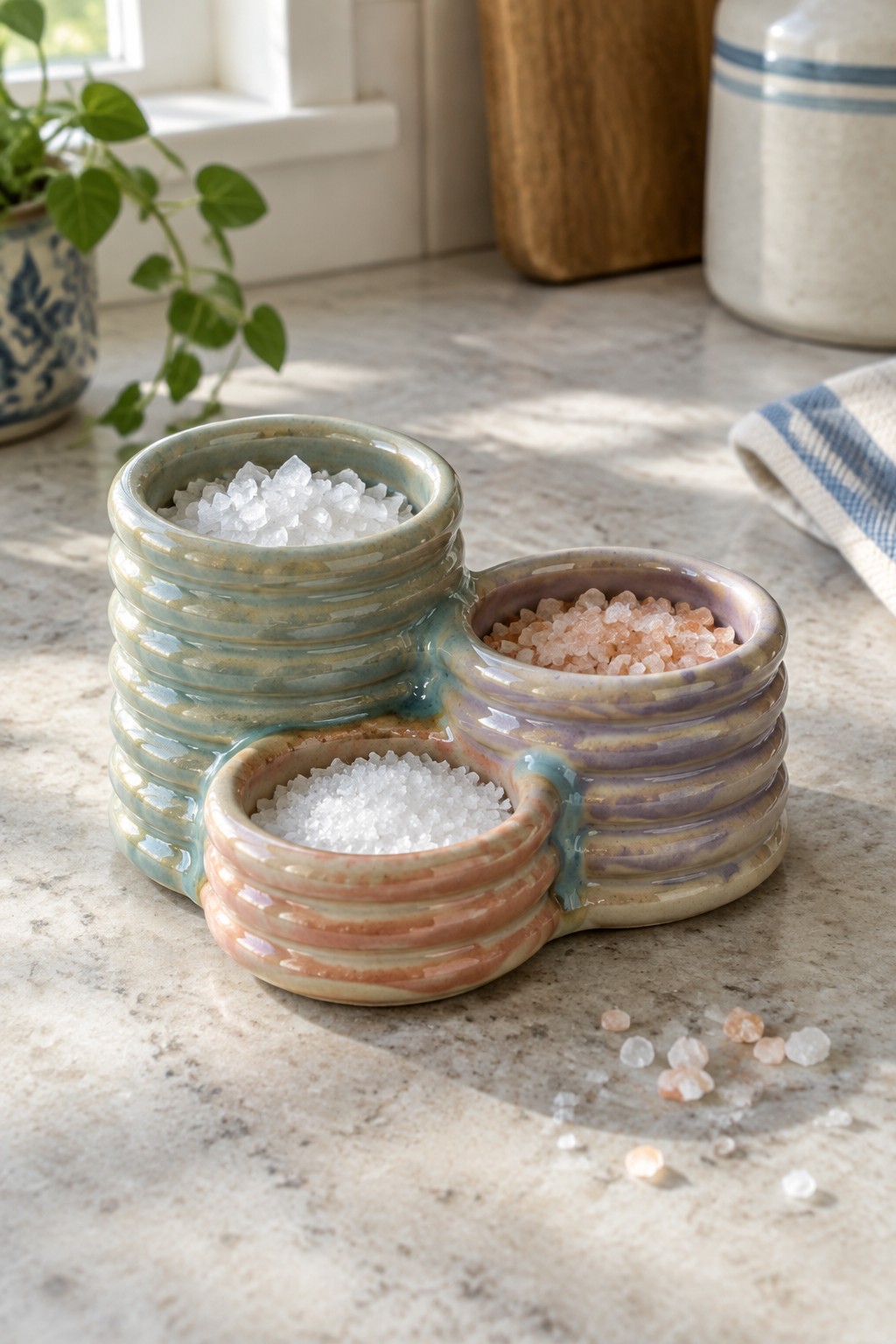 Colorful ribbed ceramic triple salt dish with white and pink crystals on marble counter