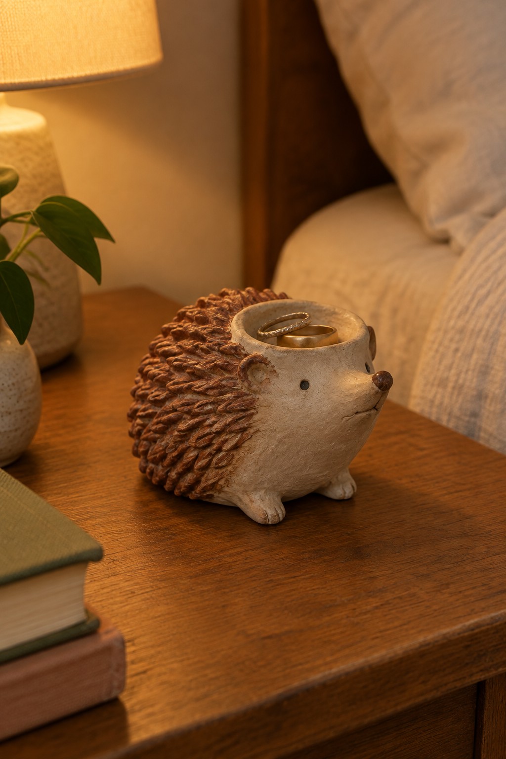 Hedgehog ceramic ring holder with gold bands on wooden nightstand by lamp and books