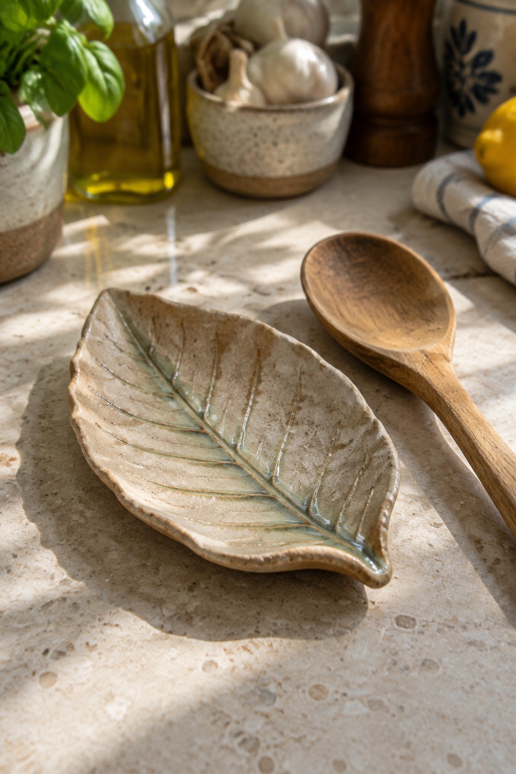 Ceramic leaf-shaped dish and wooden spoon on sunlit marble kitchen countertop