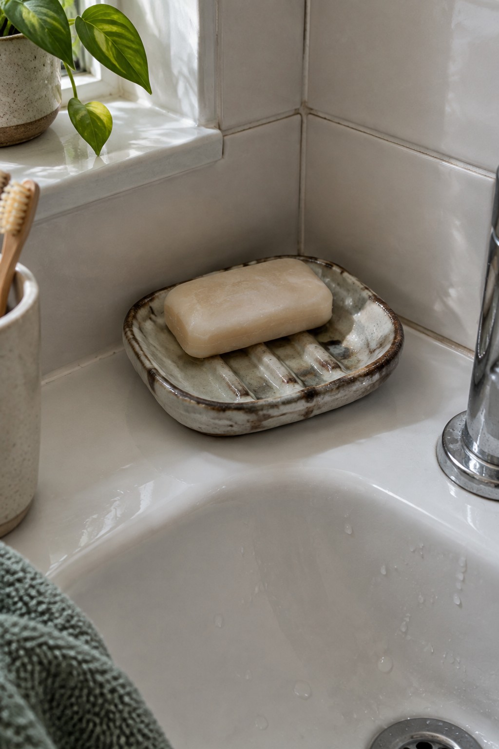 Bar of soap in rustic ceramic dish on edge of white sink with droplets