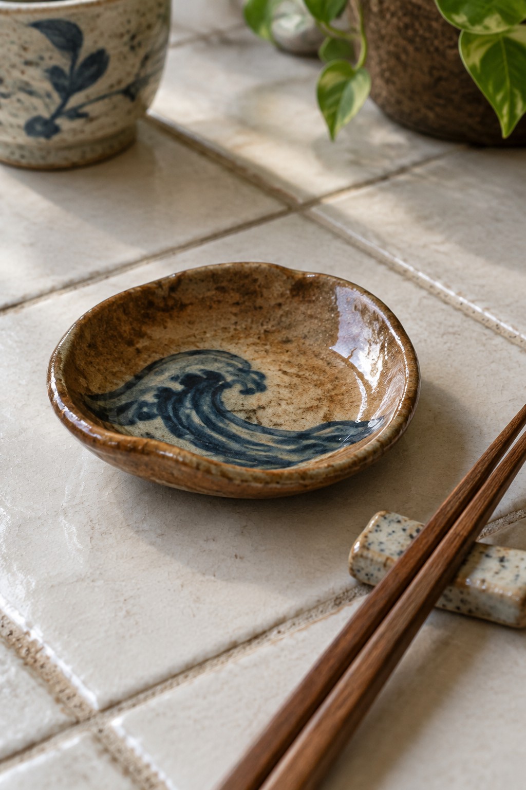 Small ceramic bowl with blue wave design beside wooden chopsticks on white tiles