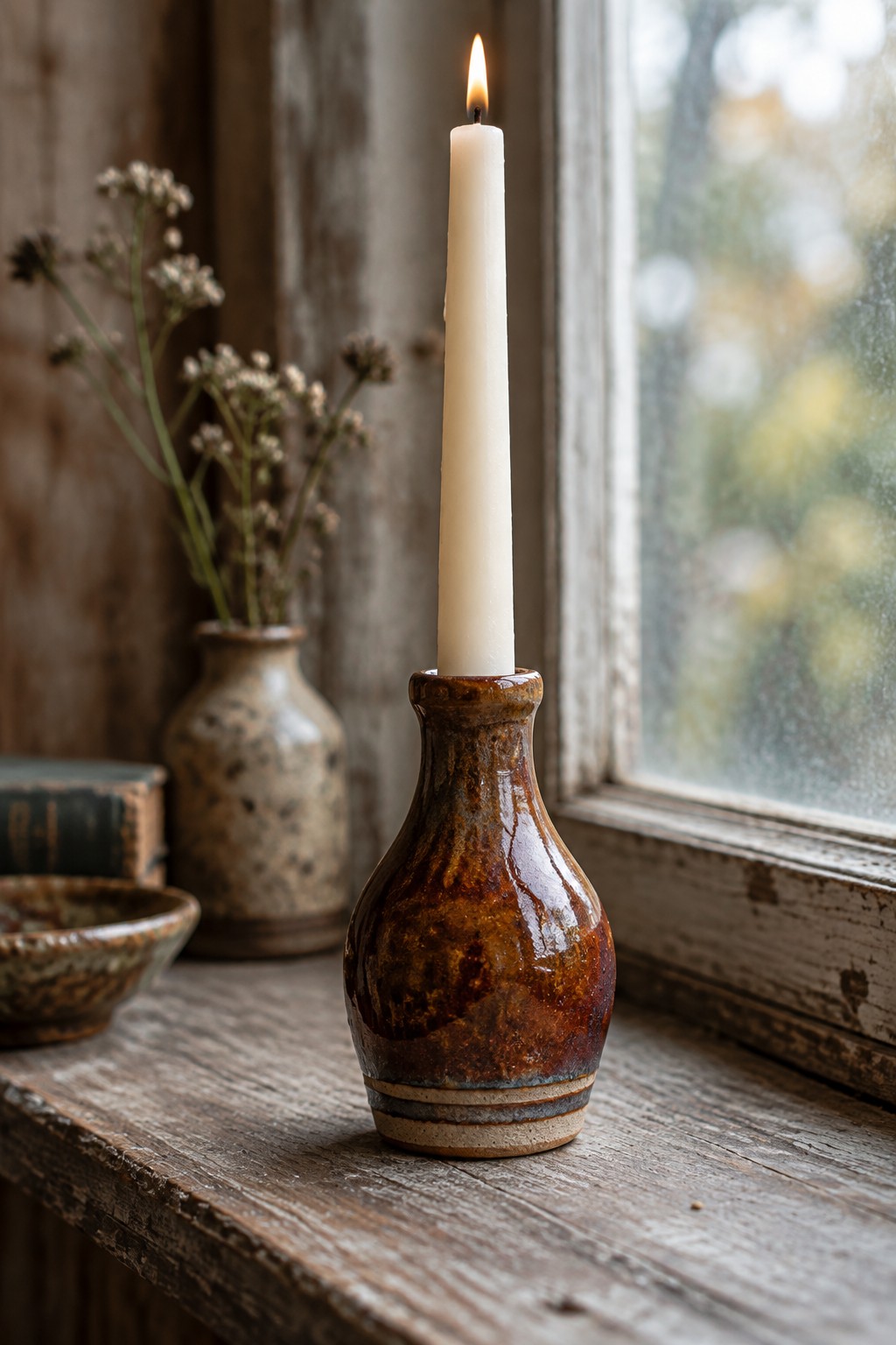 Lit white candle in brown ceramic holder on rustic wooden windowsill by window