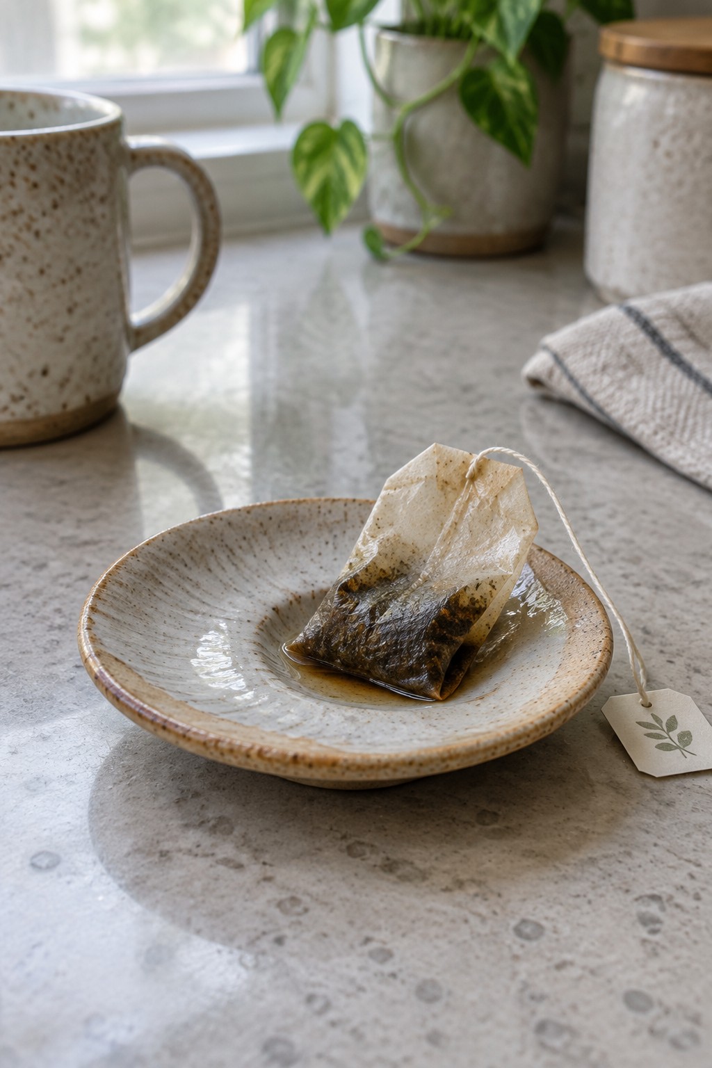 Used tea bag on speckled ceramic saucer with wet stain and tag.