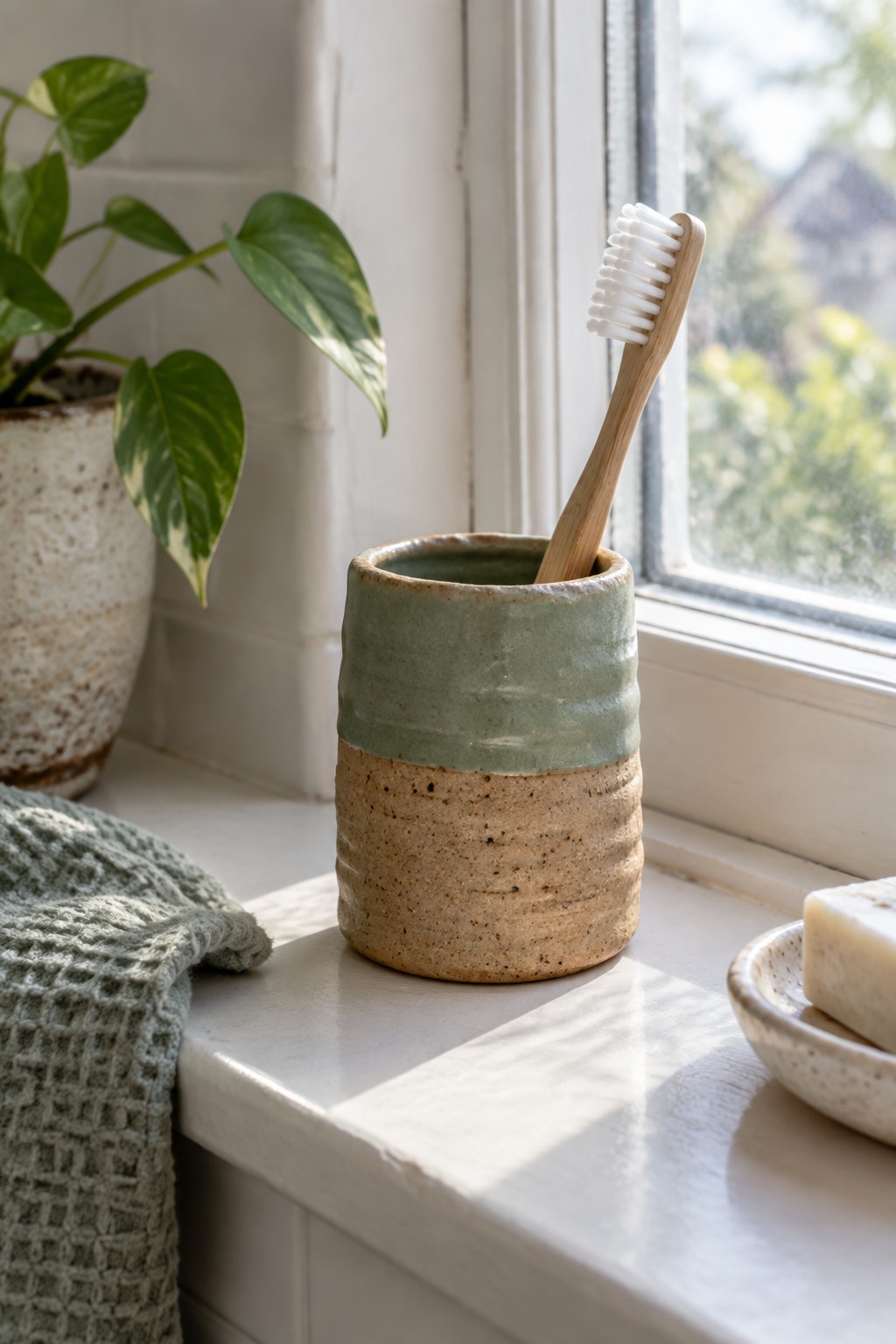 Bamboo toothbrush in green ceramic holder on sunlit windowsill beside plant and soap