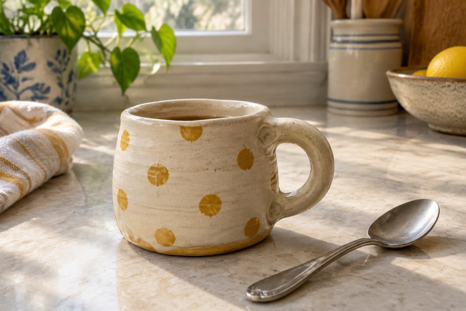 Cream ceramic mug with gold polka dots beside spoon on marble countertop