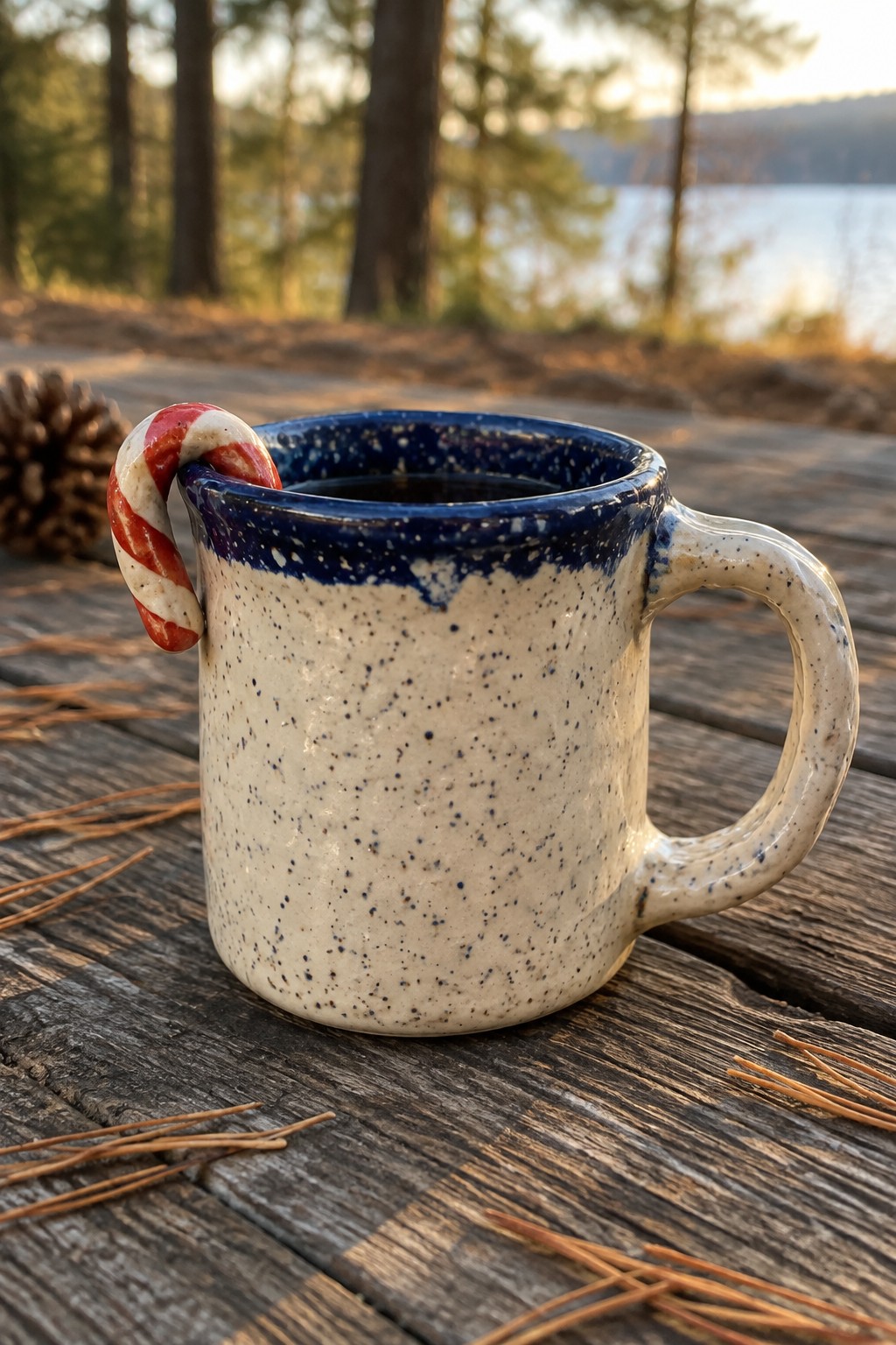 Speckled white ceramic mug with blue rim and candy cane on wooden table outdoors