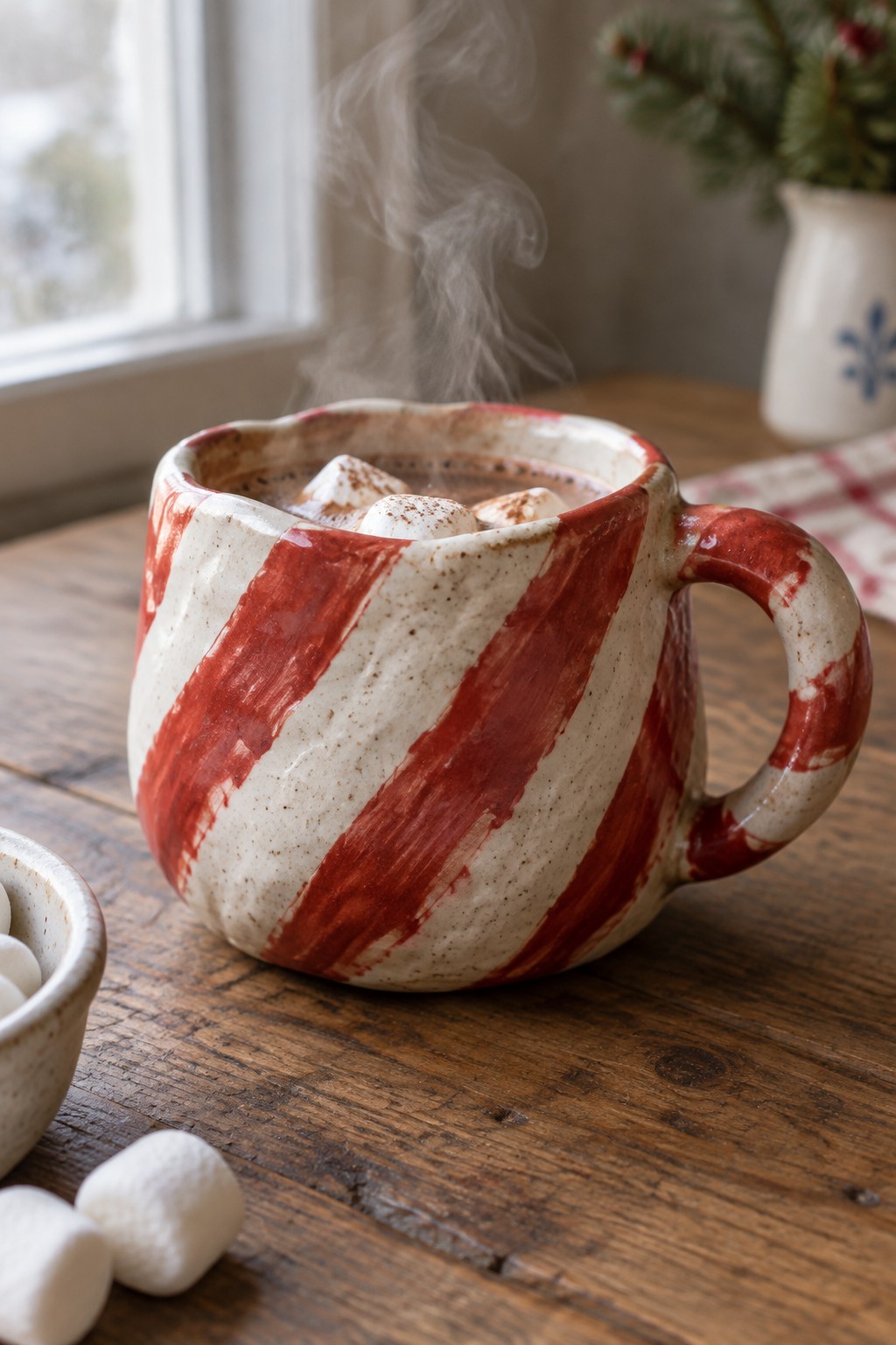 Red and white striped mug with steaming hot chocolate and marshmallows on wooden table.