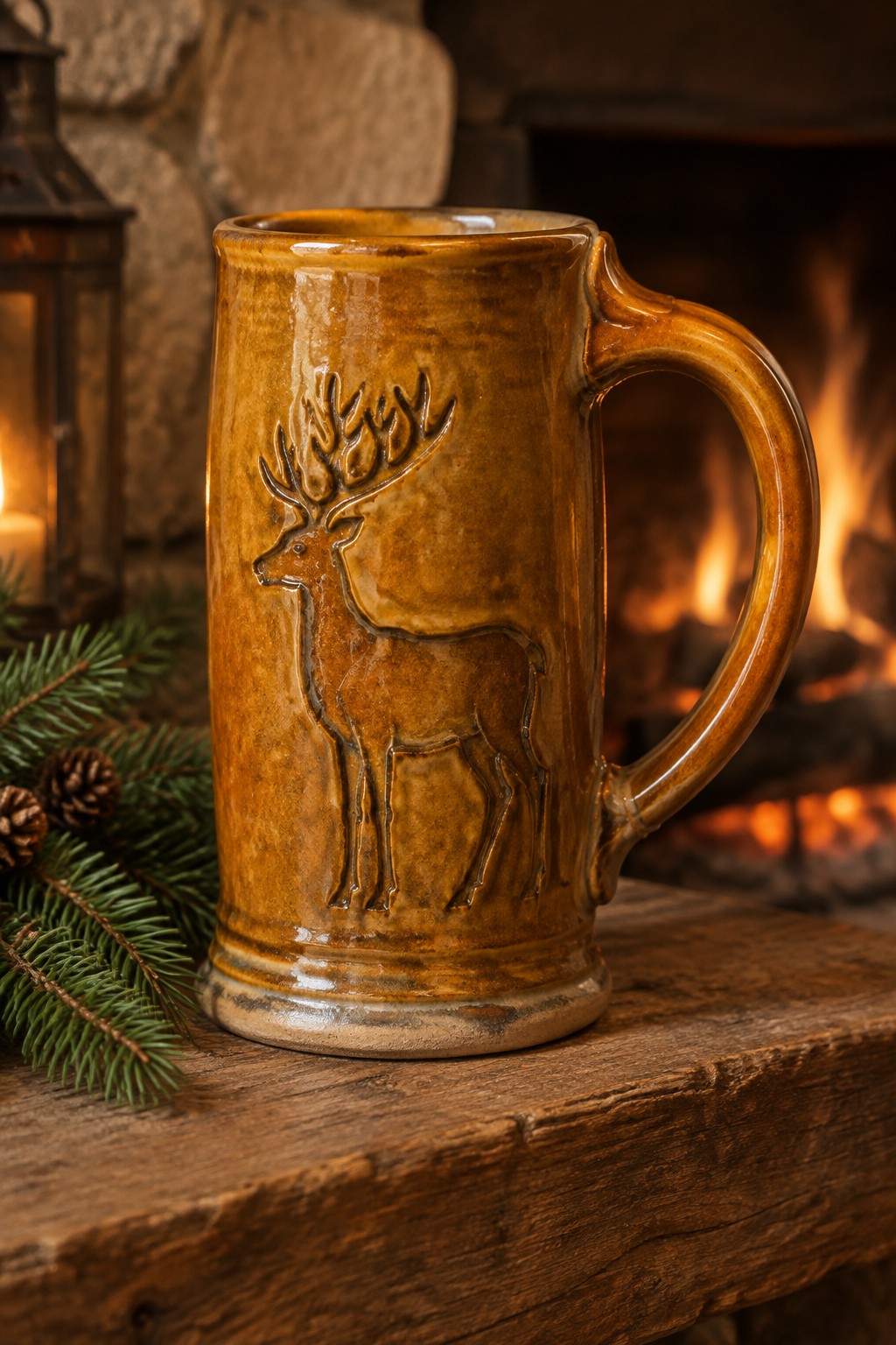 Brown ceramic mug with embossed stag on wooden surface near fireplace.