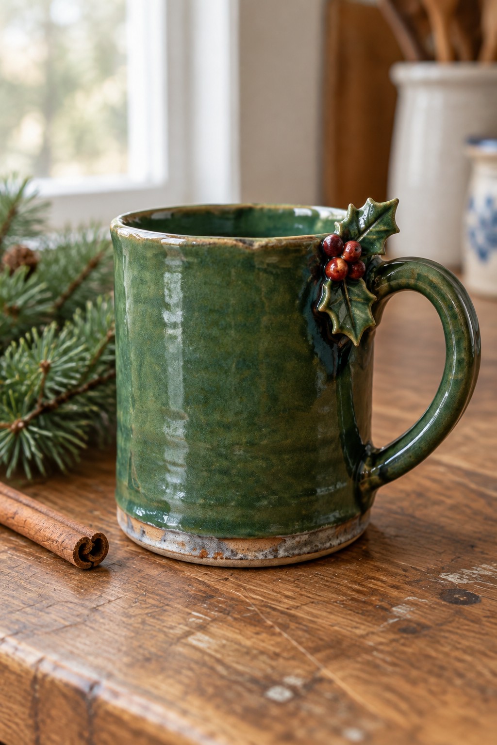 Green ceramic mug with holly berries on handle beside cinnamon stick on wooden table