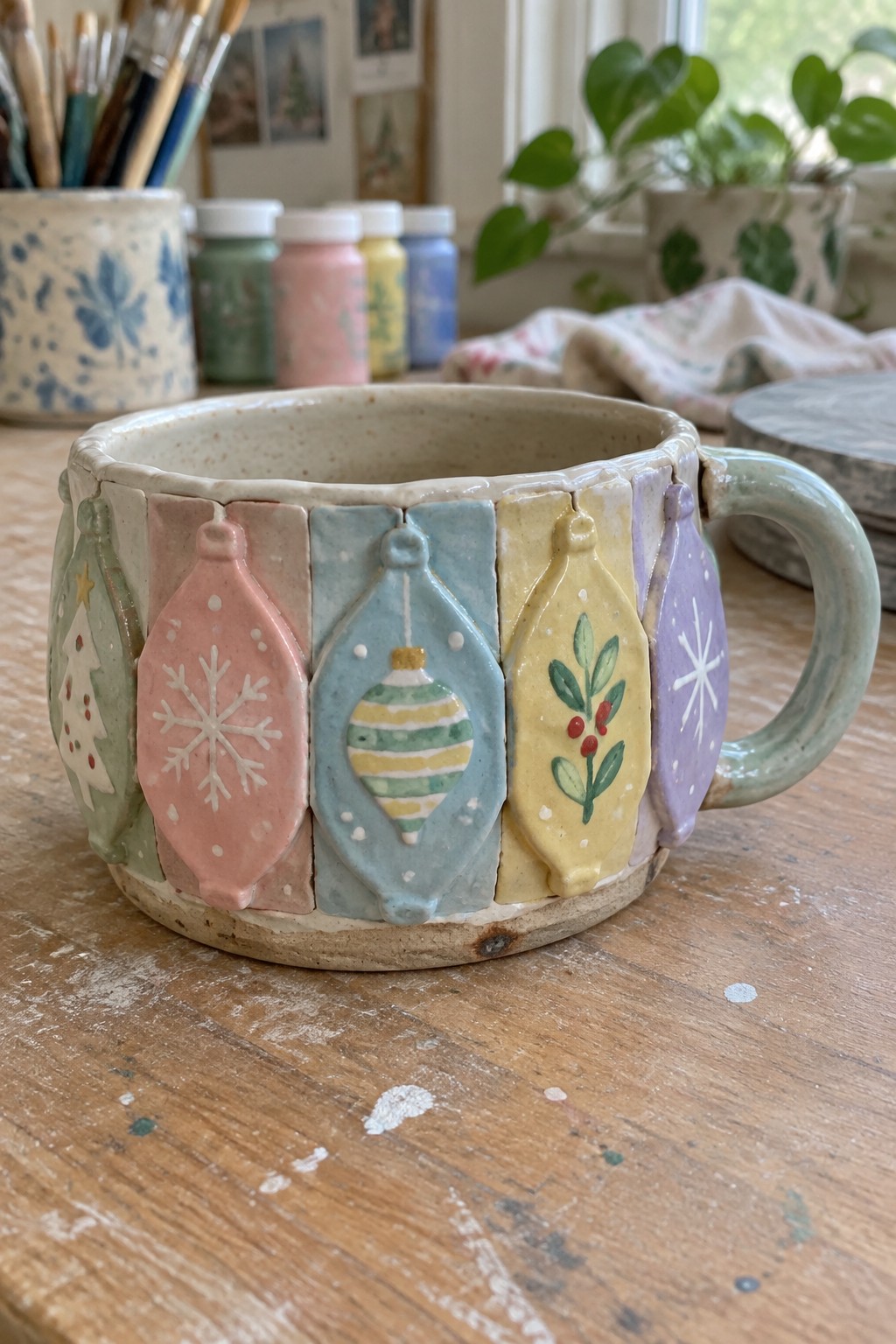Pastel ceramic mug with Christmas tree, snowflake, ornament, and holly designs on wood table