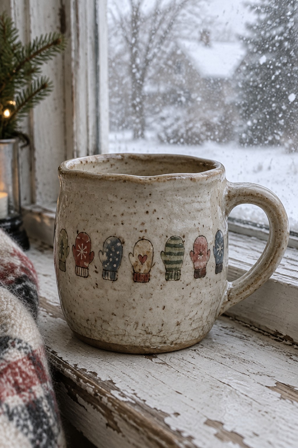 Ceramic mug with colorful mitten designs on snowy windowsill beside lit candle and plaid fabric