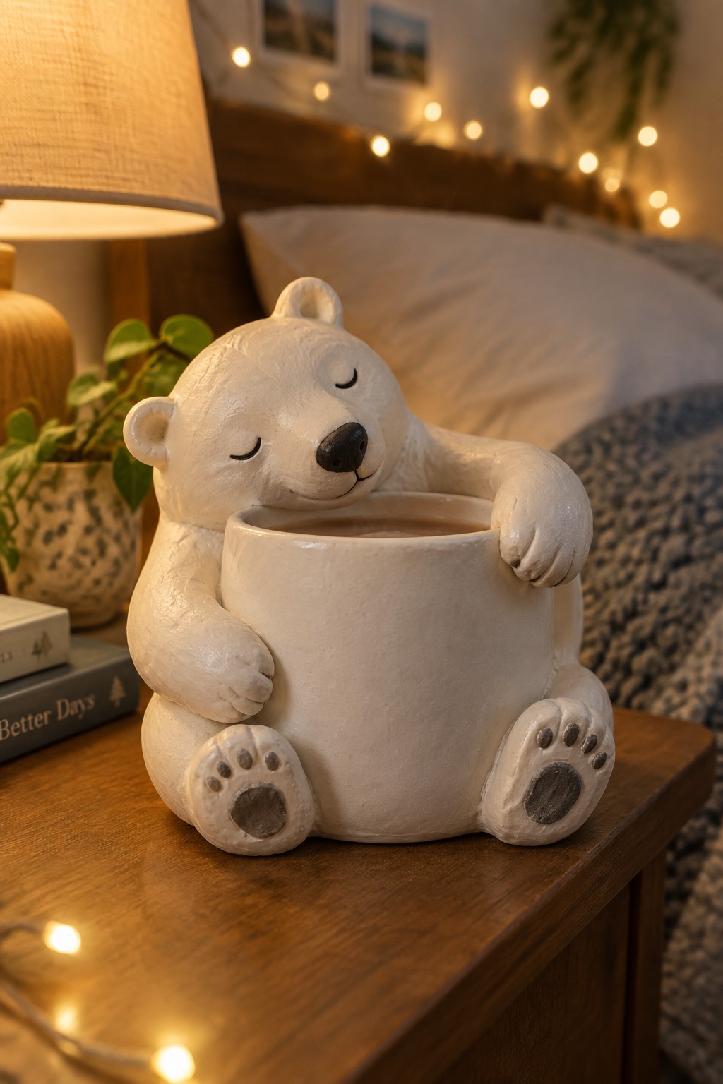 White ceramic bear figurine cradling a cup on wooden nightstand in cozy bedroom