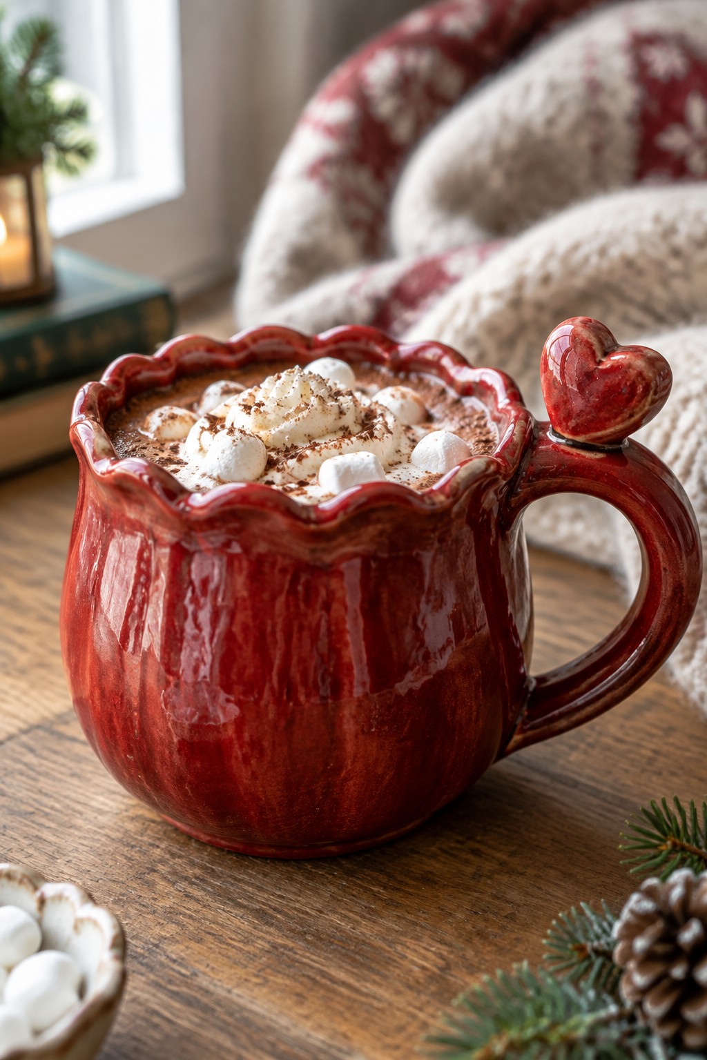 Red heart-handled mug of hot chocolate topped with whipped cream and marshmallows on wood table