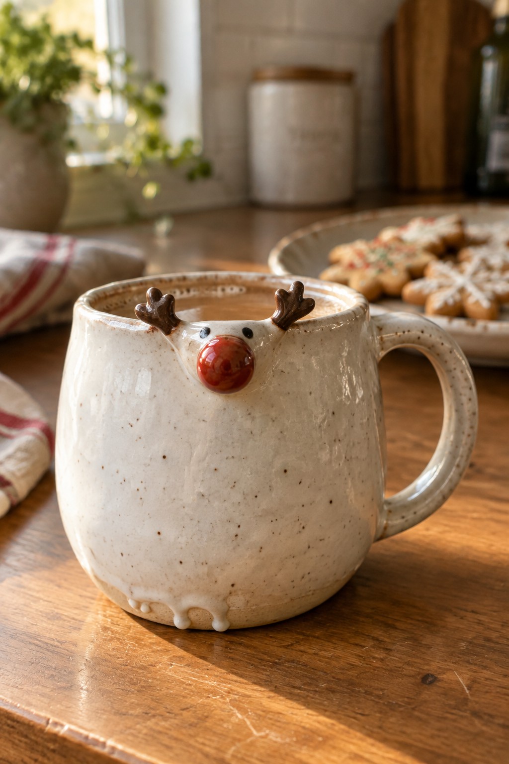 Speckled white reindeer mug with brown antlers and red nose on wooden table