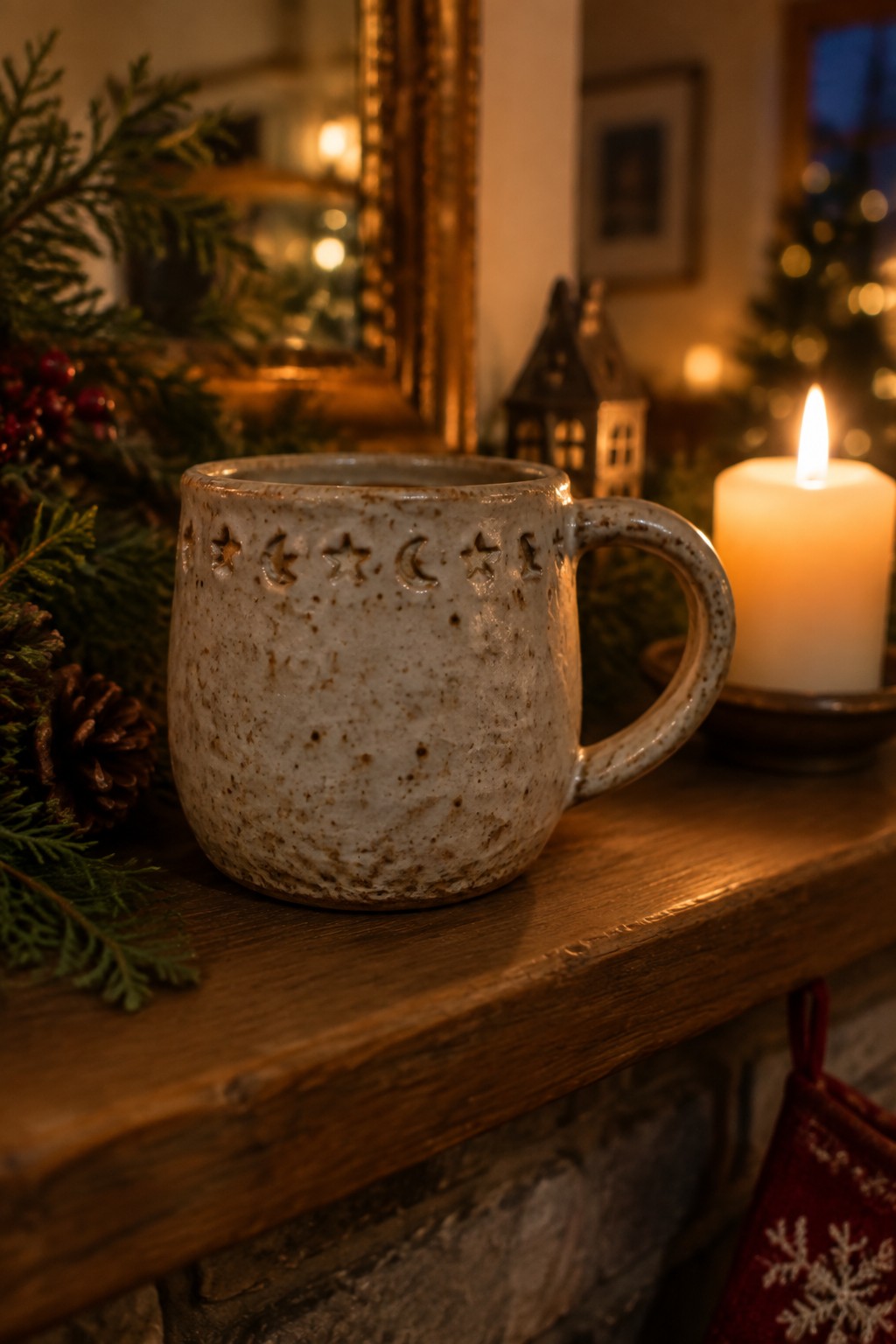 Ceramic mug with star and moon cutouts on wooden mantel beside lit candle and greenery