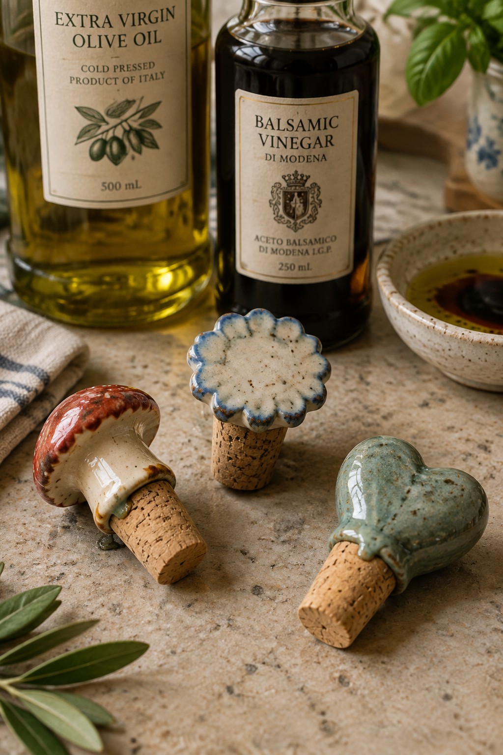 Ceramic mushroom, flower, and heart bottle stoppers with olive oil and balsamic vinegar bottles