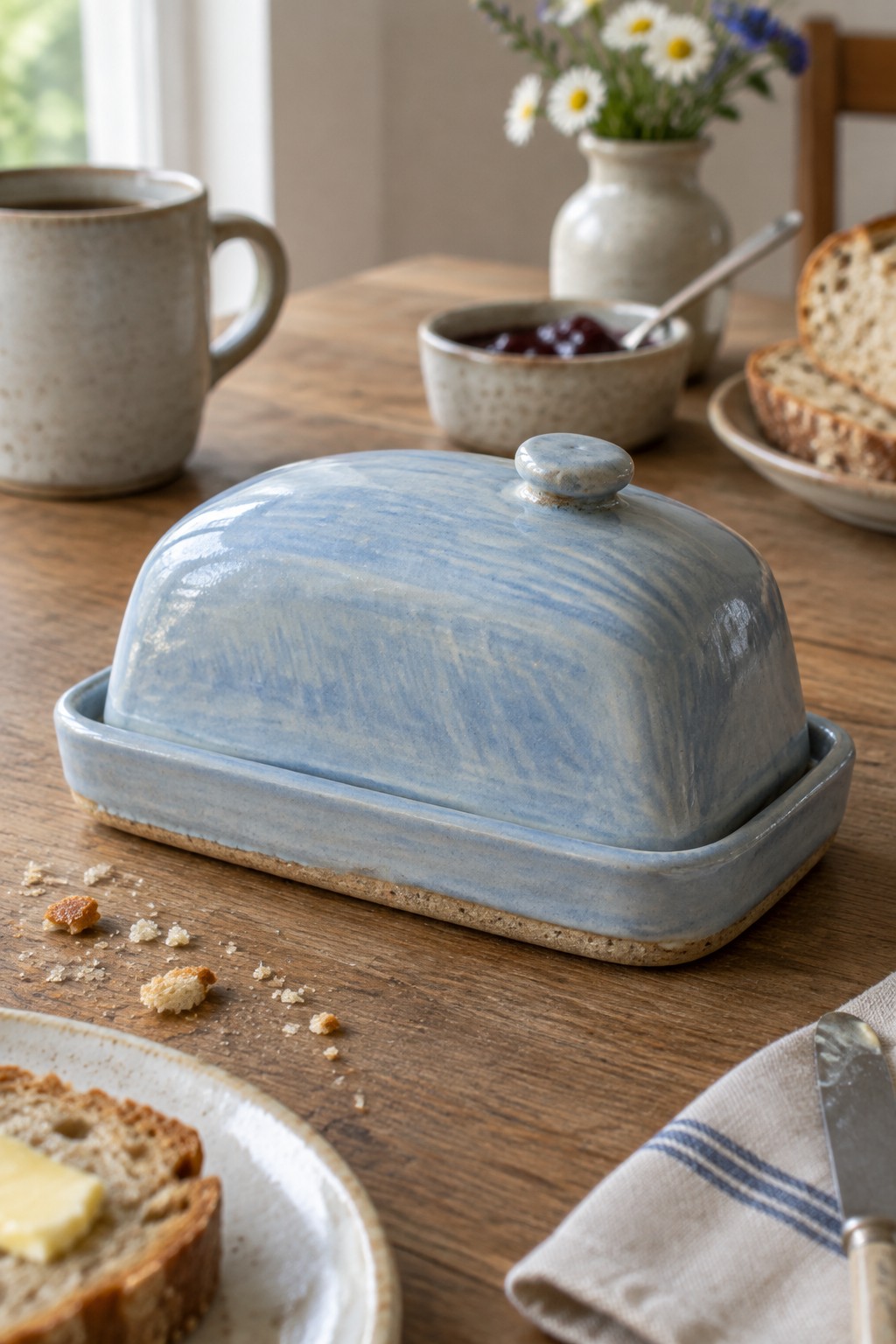 Blue ceramic butter dish on wooden table with bread, jam, and flowers
