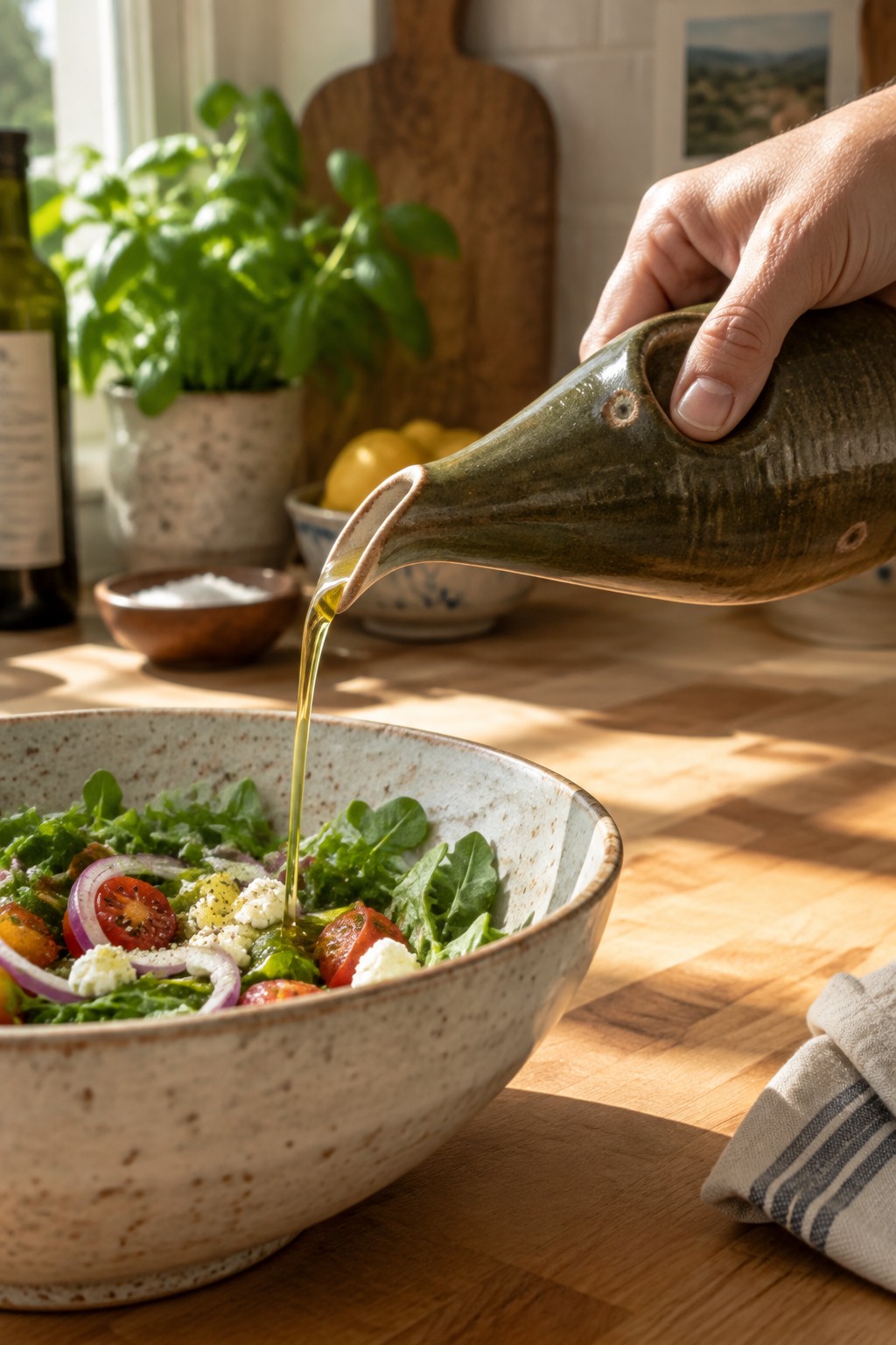 Hand pouring olive oil from green ceramic pitcher into salad bowl with greens and tomatoes