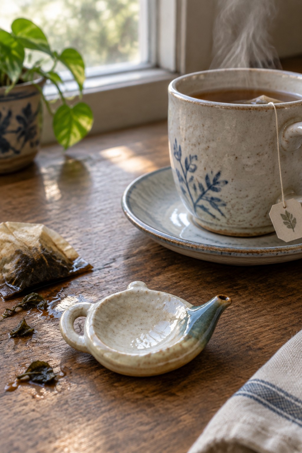 Steaming blue-patterned ceramic mug beside wet tea bag on wooden table
