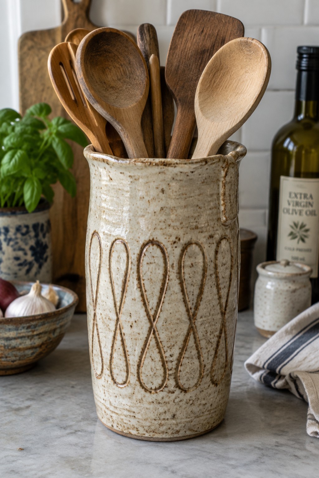 Ceramic crock with looped carvings holding wooden spoons on marble counter