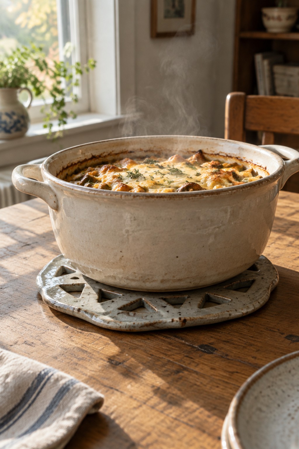 Steaming golden casserole in beige ceramic pot on wooden kitchen table