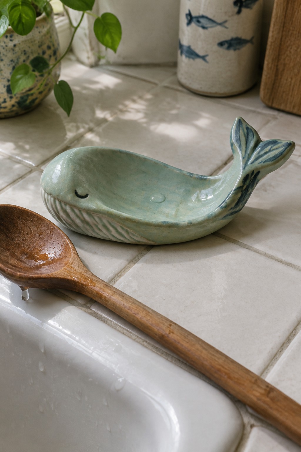 A light green ceramic whale-shaped spoon rest sits on white tiles next to a wooden spoon over a sink.