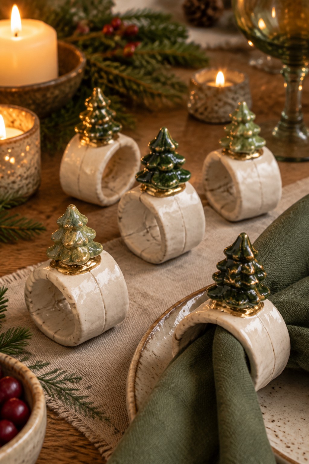 Ceramic Christmas tree napkin rings with green tops on rustic holiday table