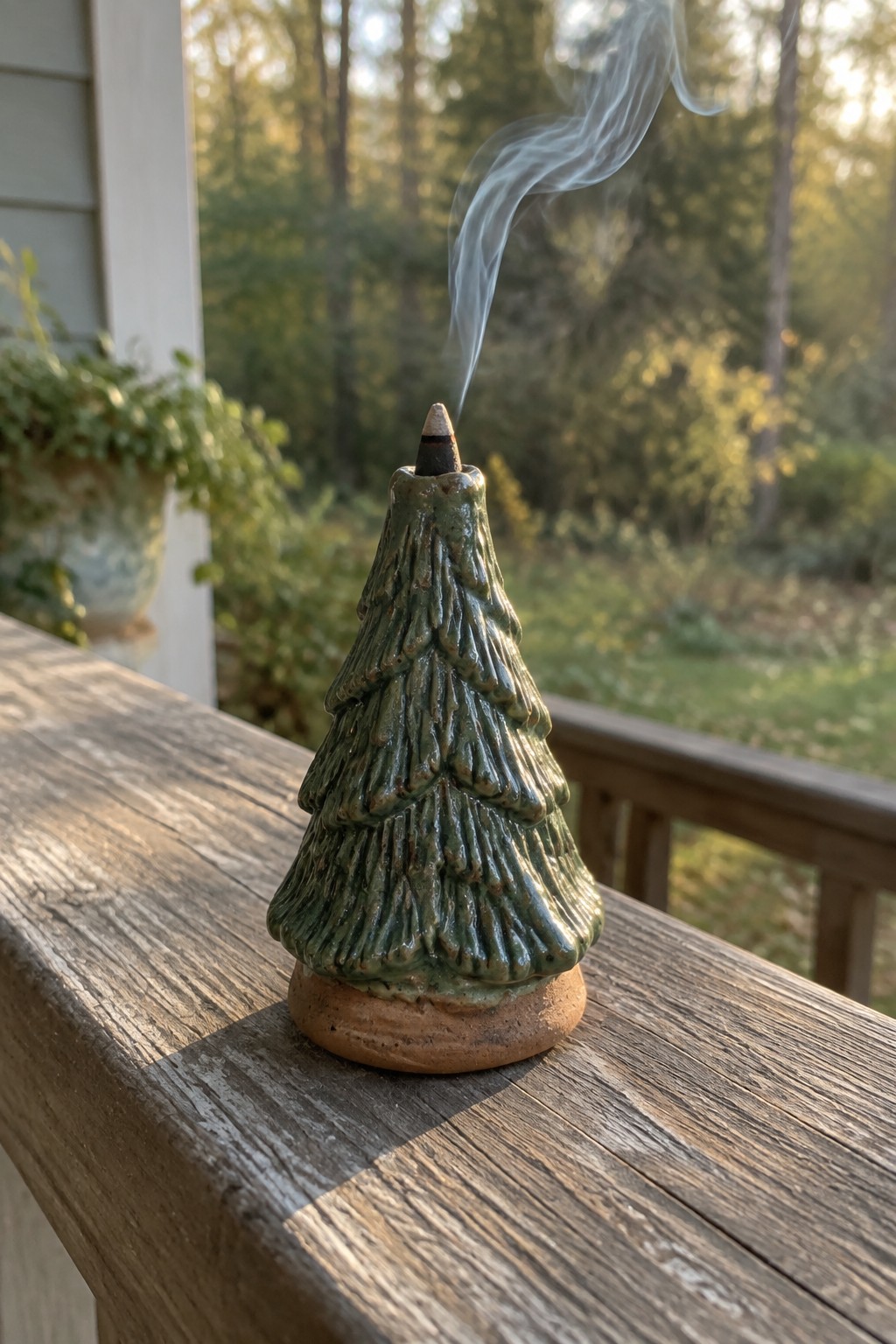 Green ceramic Christmas tree incense burner emitting smoke on wooden railing