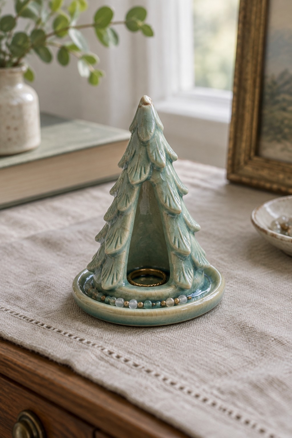 Ceramic Christmas tree ring holder in turquoise glaze with gold ring and beads on table