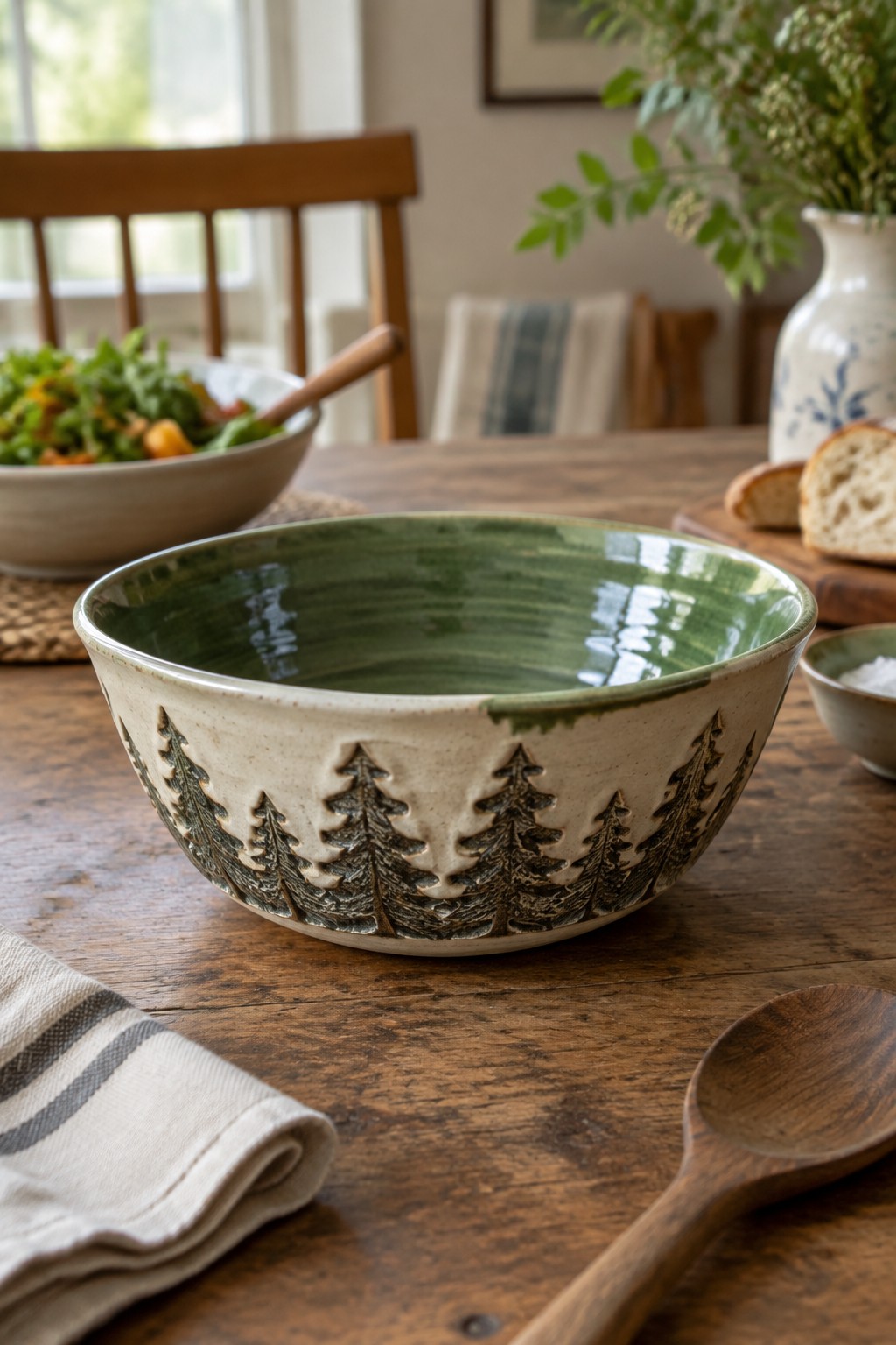 Cream ceramic bowl with embossed pine trees on rustic wooden table with spoon