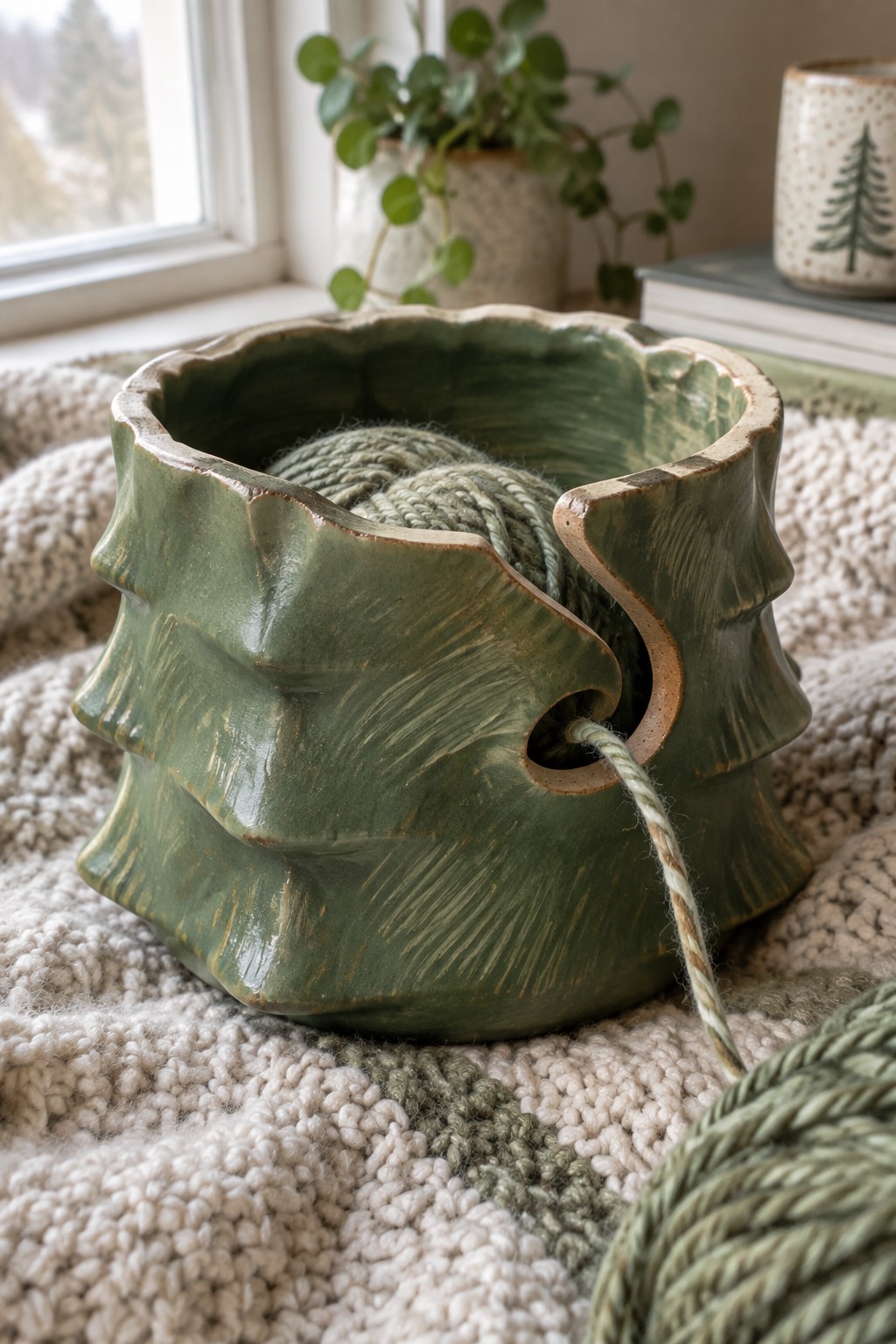 Green ceramic yarn bowl with sage yarn on knitted blanket