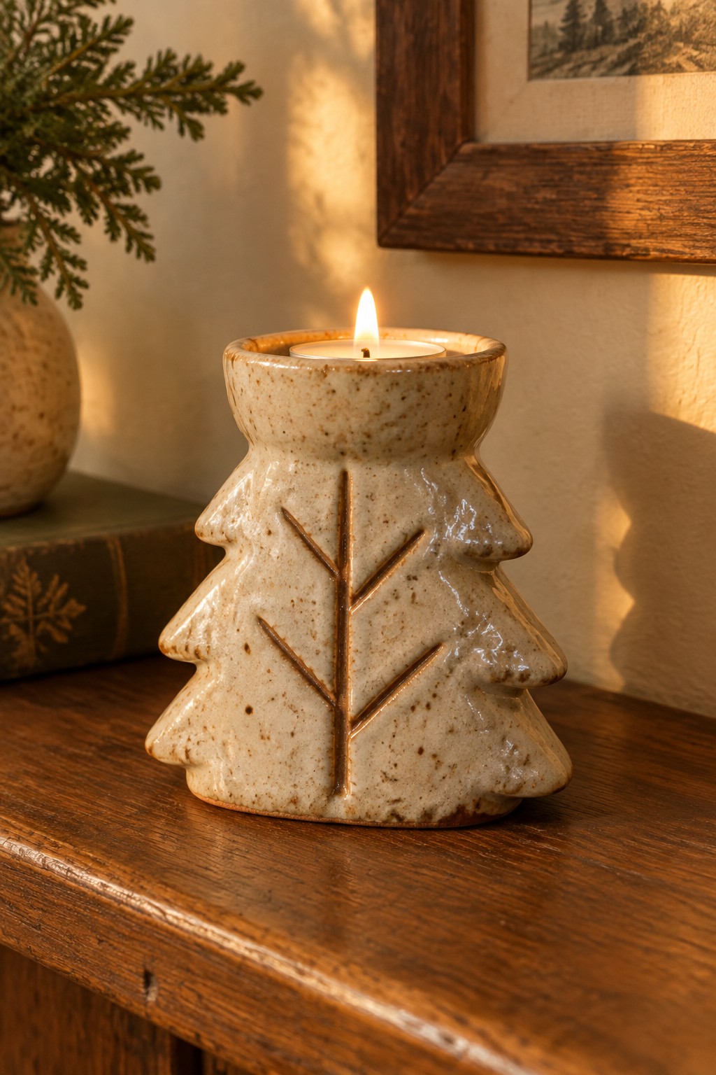 Lit candle glowing in speckled ceramic Christmas tree holder on wooden table