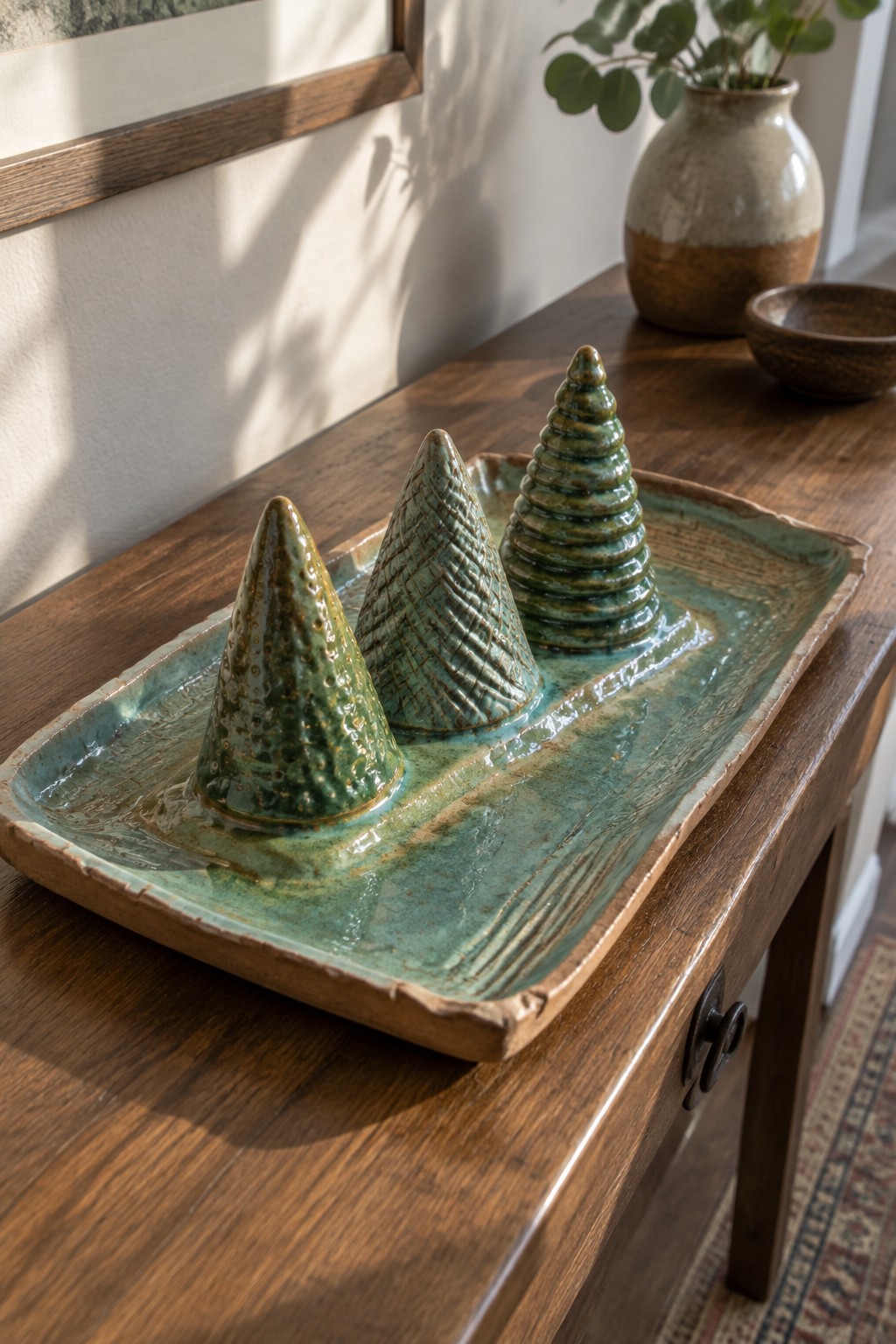 Three green textured ceramic trees on a rectangular glazed tray on wood