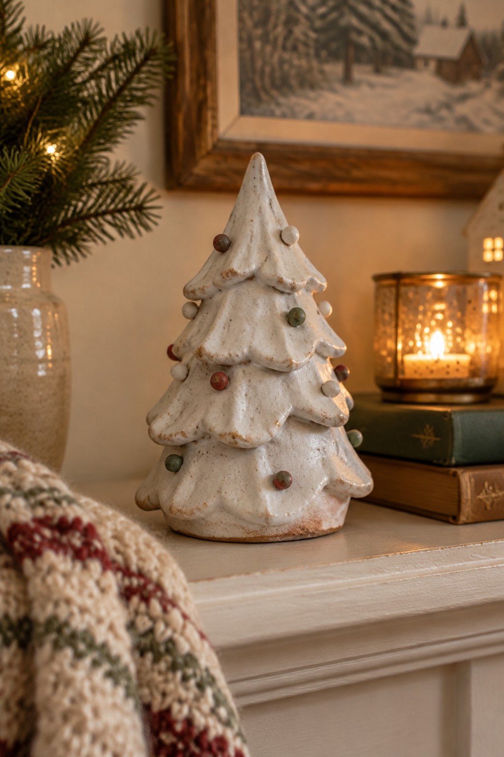 White ceramic Christmas tree on mantel with lit candle, books, and knitted sweater
