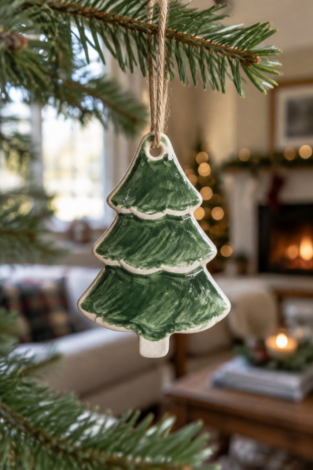 Green ceramic Christmas tree ornament hanging from pine branch by twine