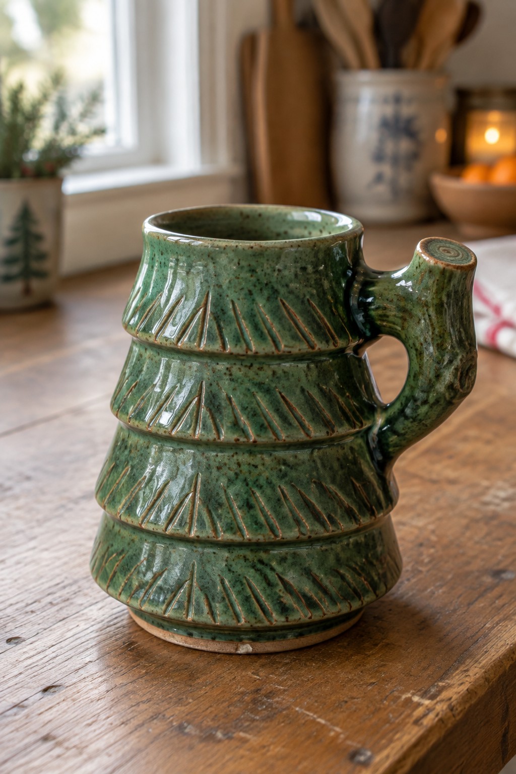 Green ceramic tree-shaped mug with branch handle on rustic wooden table