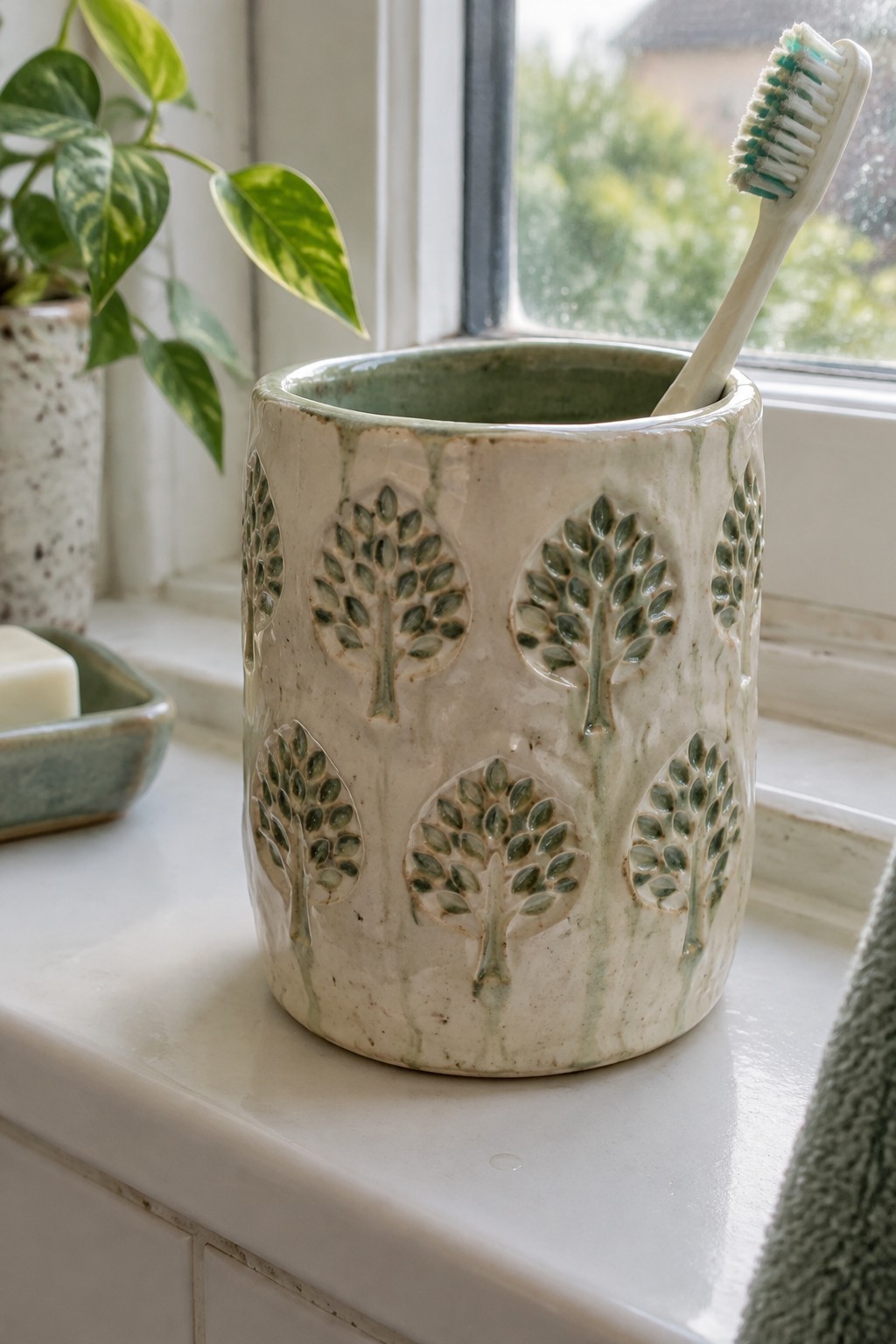 Ceramic toothbrush holder with green tree motifs on white windowsill beside soap dish