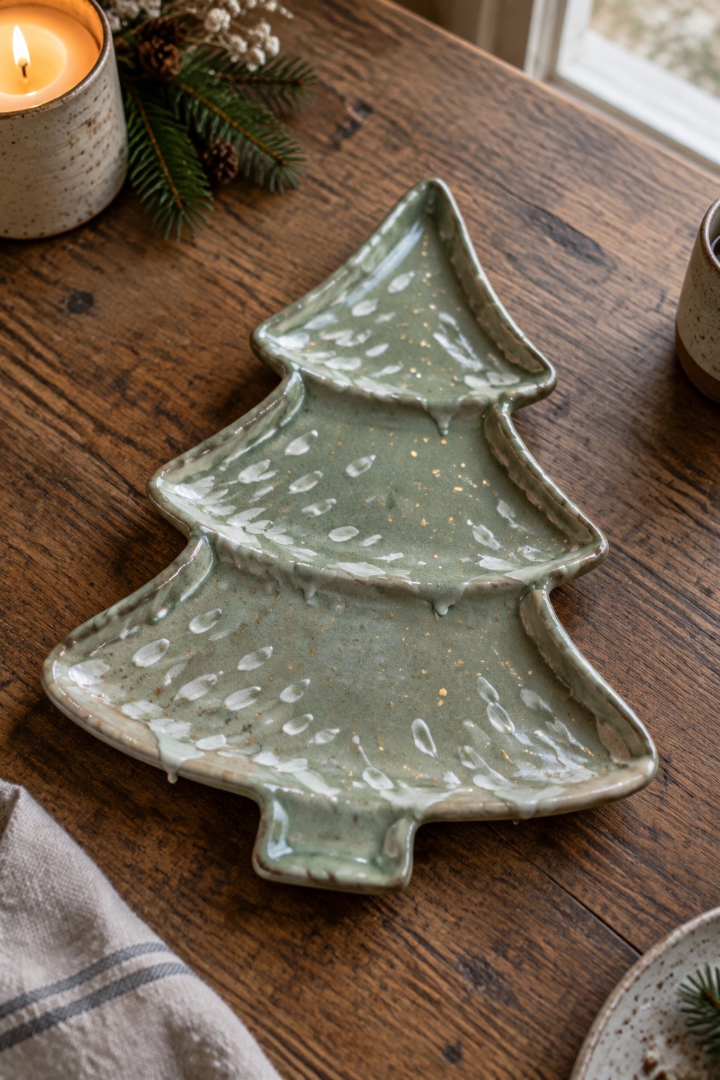 Green ceramic Christmas tree plate with gold flecks on wooden table beside candle