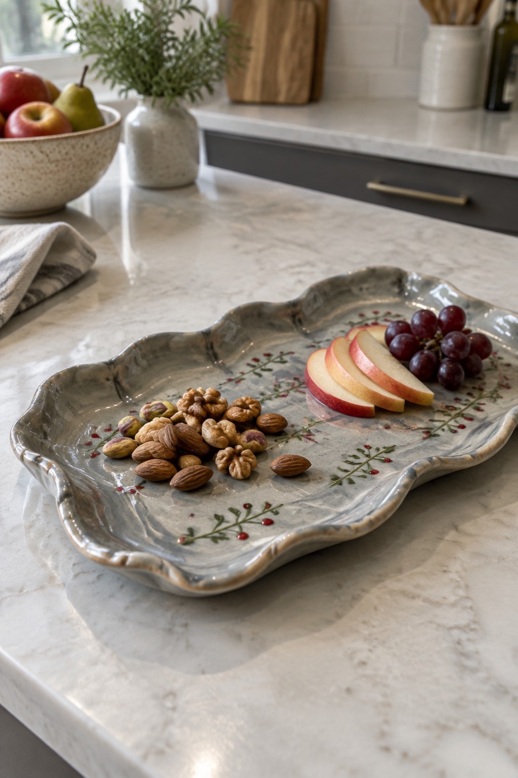 Decorative ceramic tray with mixed nuts, apple slices and grapes on marble counter