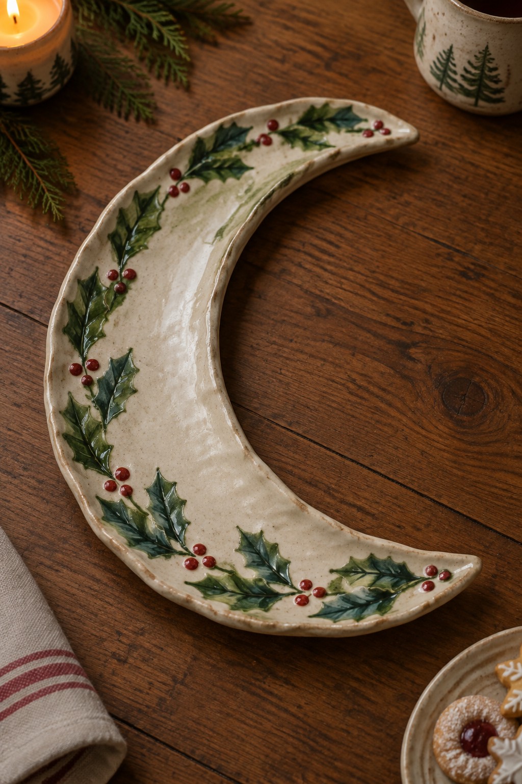 Crescent ceramic plate with holly berries on wooden table beside lit candle and cookies