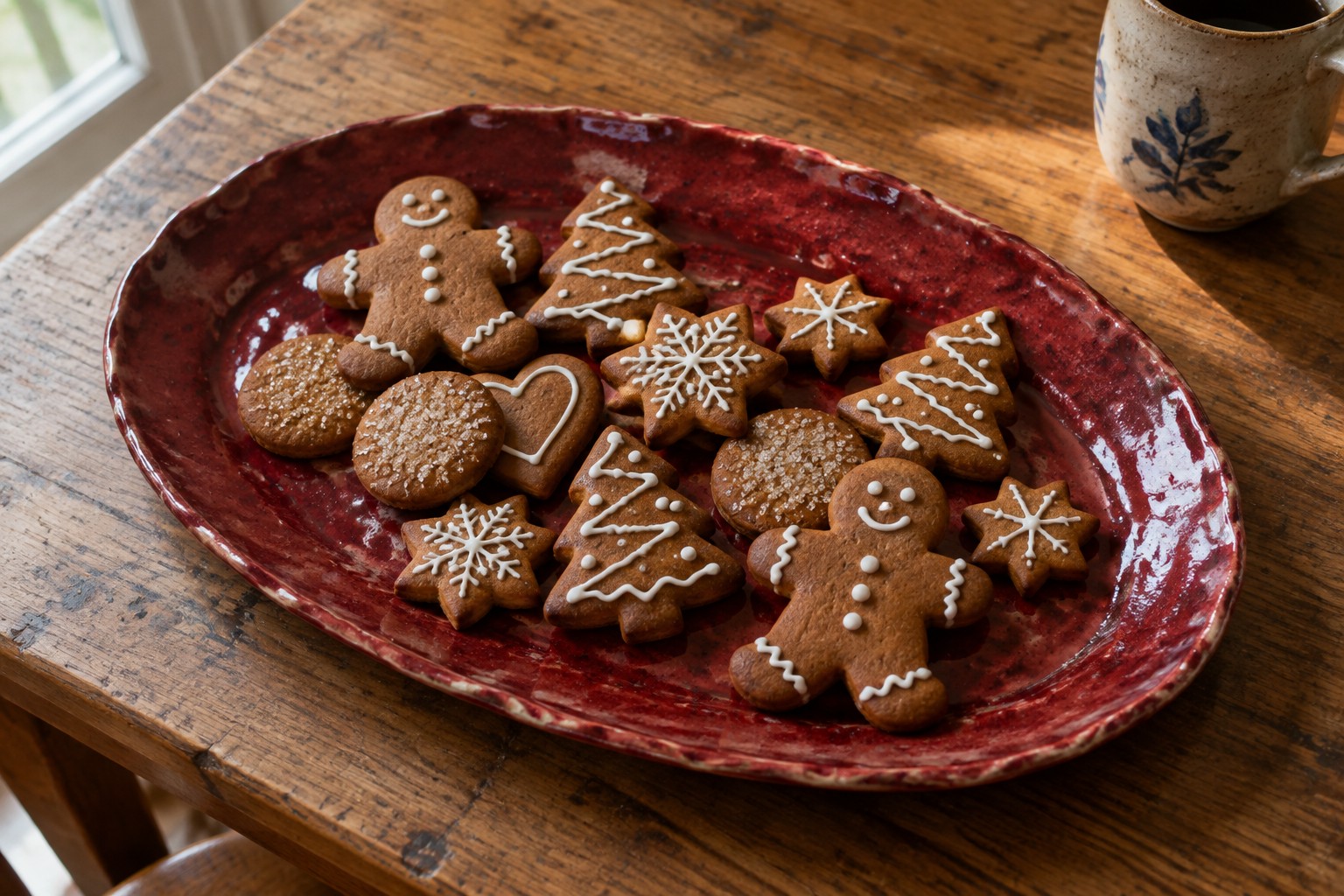 Red ceramic plate of white-iced gingerbread cookies on rustic wooden table