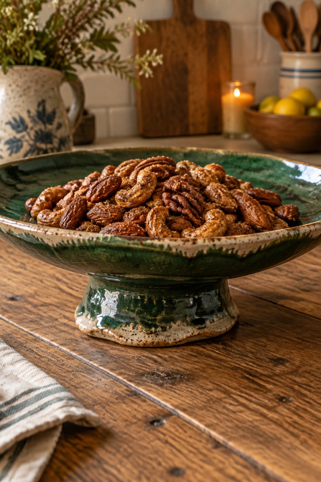 Green ceramic pedestal bowl overflowing with spiced pecans and cashews on wood table