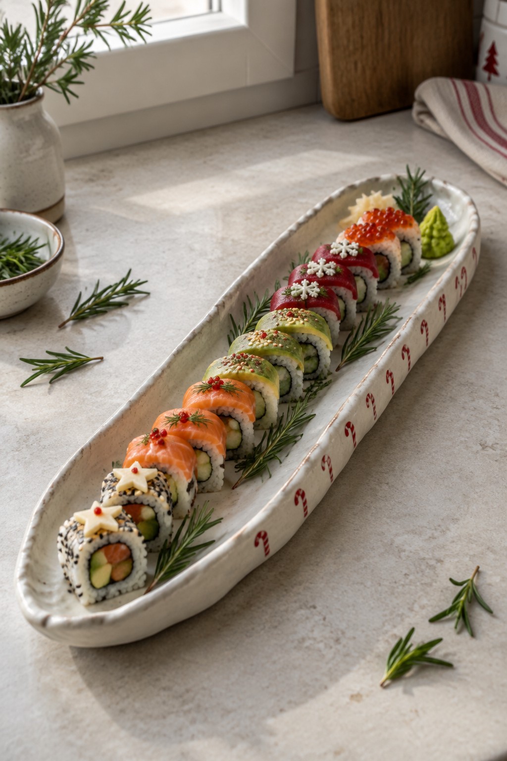 Festive sushi rolls on candy cane platter with rosemary and holiday garnishes
