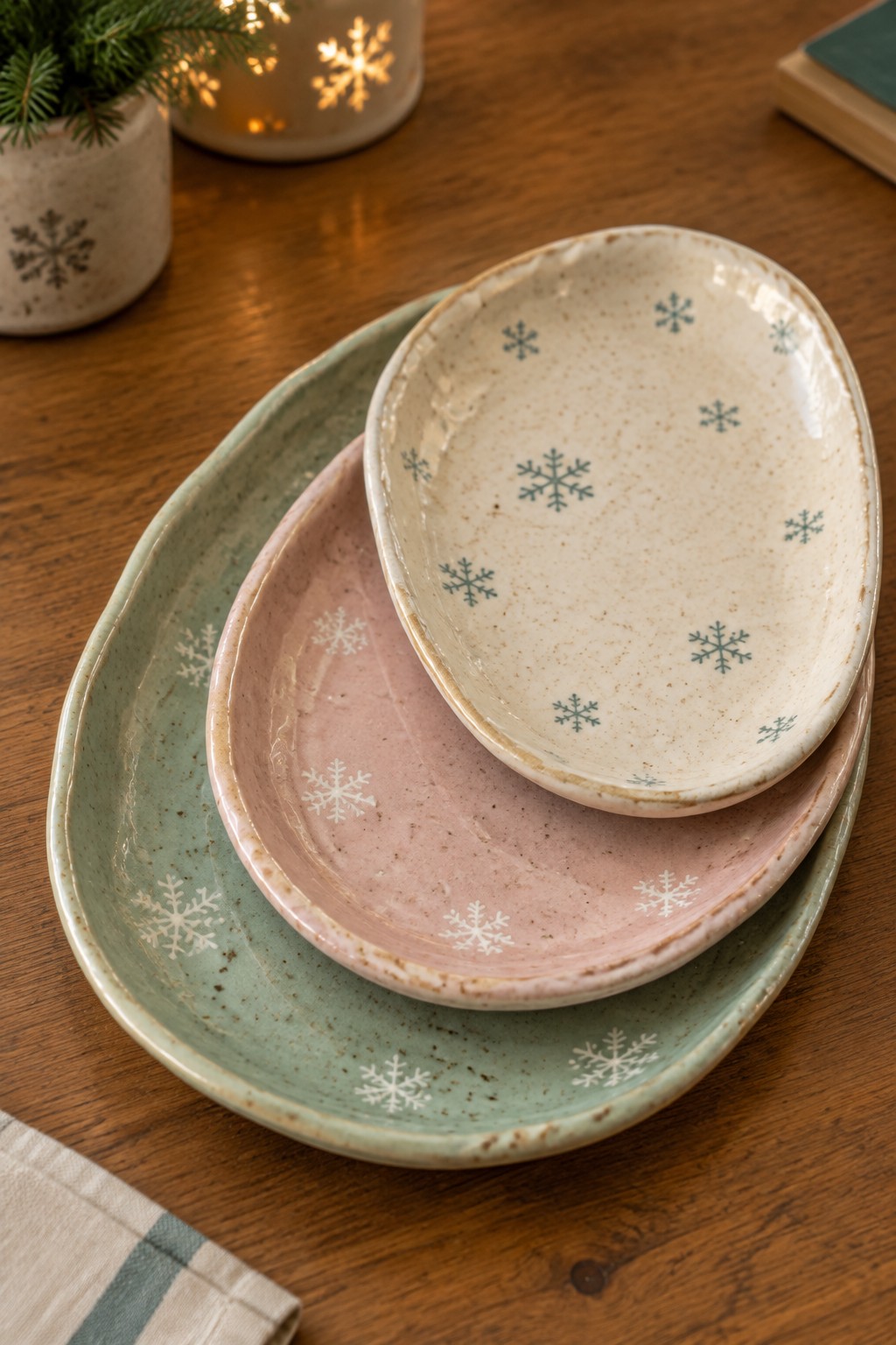 Stacked ceramic platters with snowflake patterns in green, pink, and cream on wood.