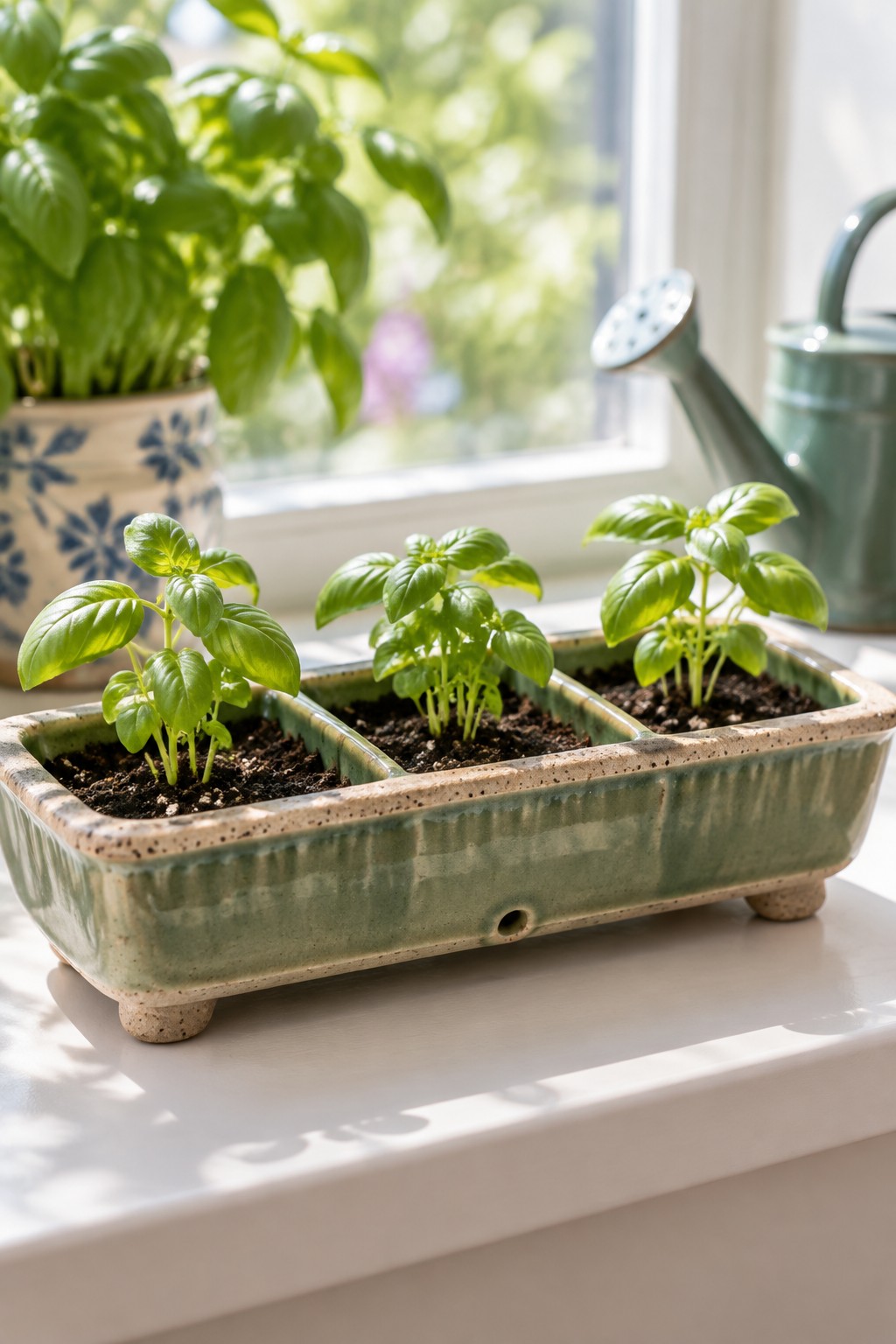 Young basil plants in green ceramic planter on sunny windowsill with watering can