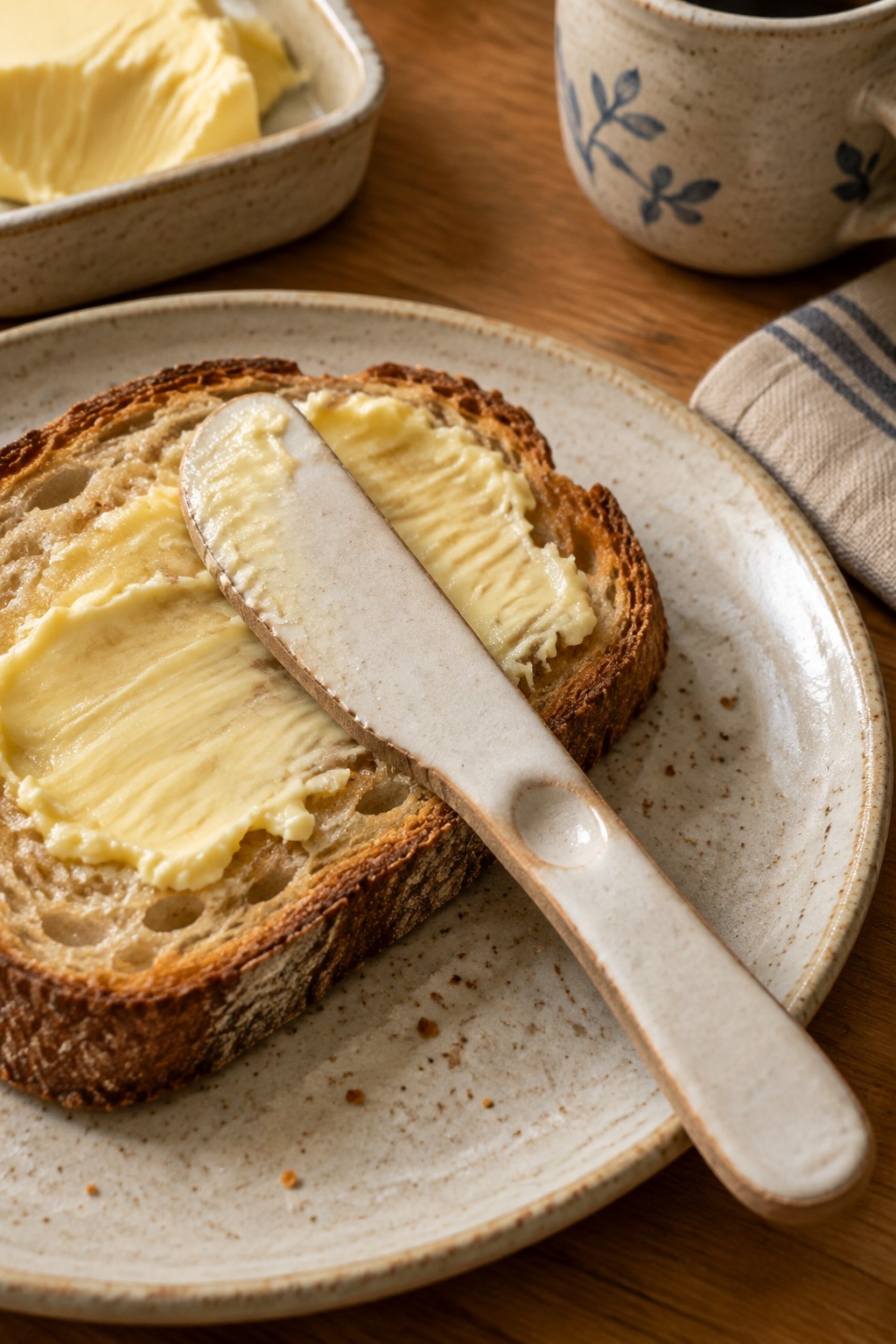 Buttered toast with knife on speckled ceramic plate near butter dish and mug