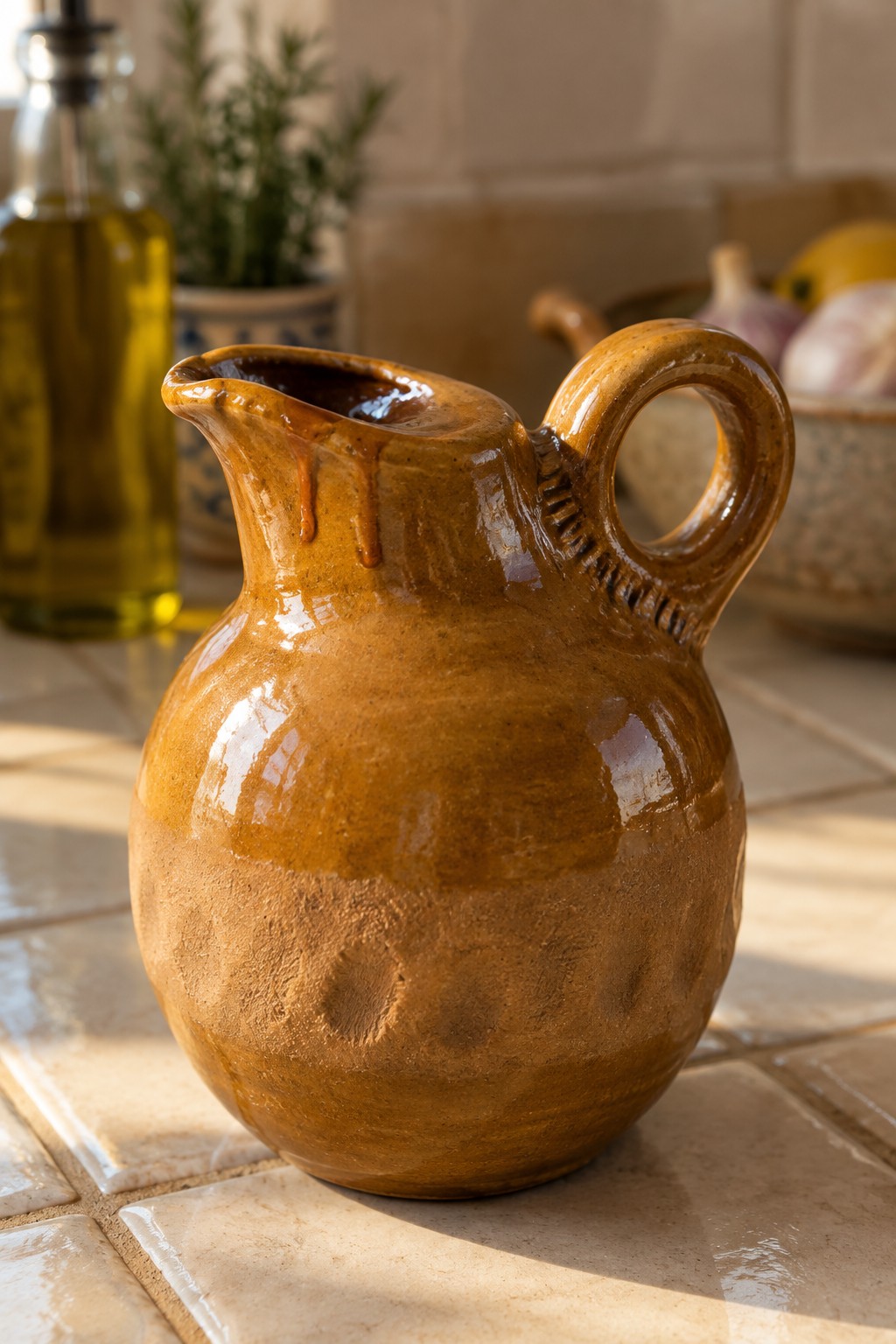 Brown ceramic pitcher with handle on tiled kitchen counter, oil bottle and herbs behind