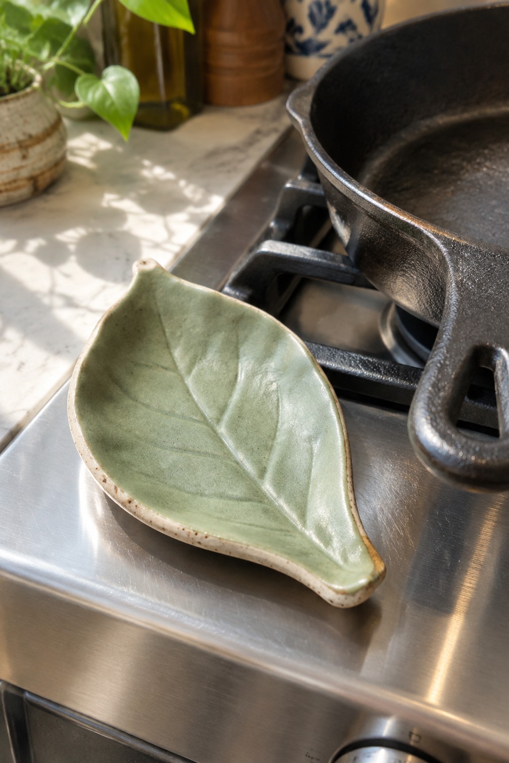 Green leaf-shaped ceramic dish on stainless steel stovetop beside cast iron skillet