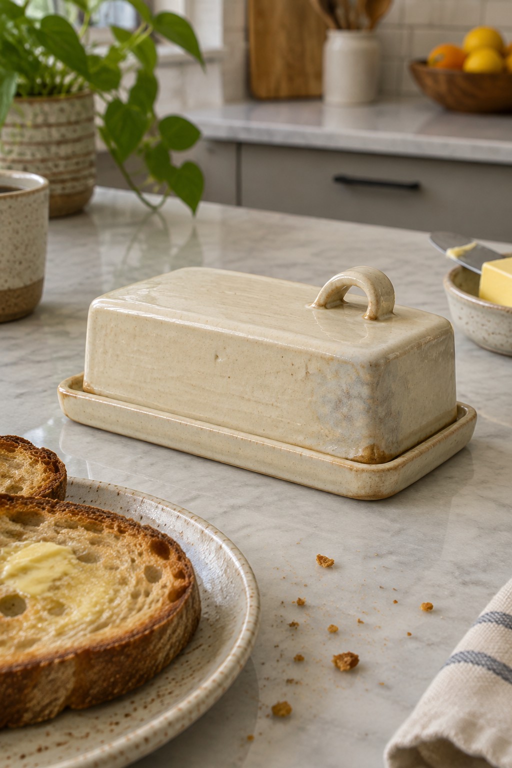 Beige ceramic butter dish beside plate of buttered toast on marble counter
