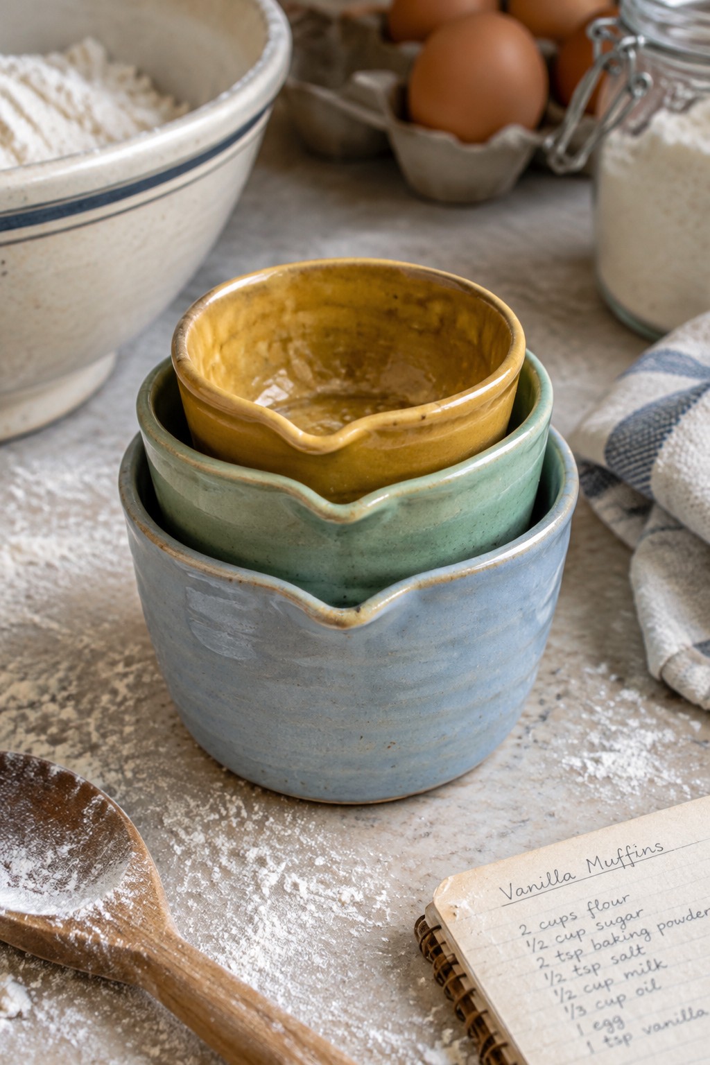 Nested ceramic bowls, flour, eggs, spoon, and vanilla muffin recipe on floured table